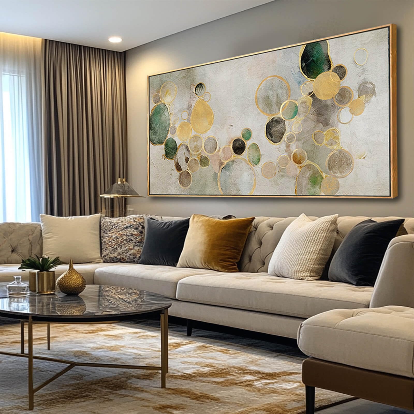 Abstract Canvas Wall Art Gold Circle Painting Green Artwork Framed Wall Prints 29''X 58'' Office Wall Decor Colorful Pictures Fo