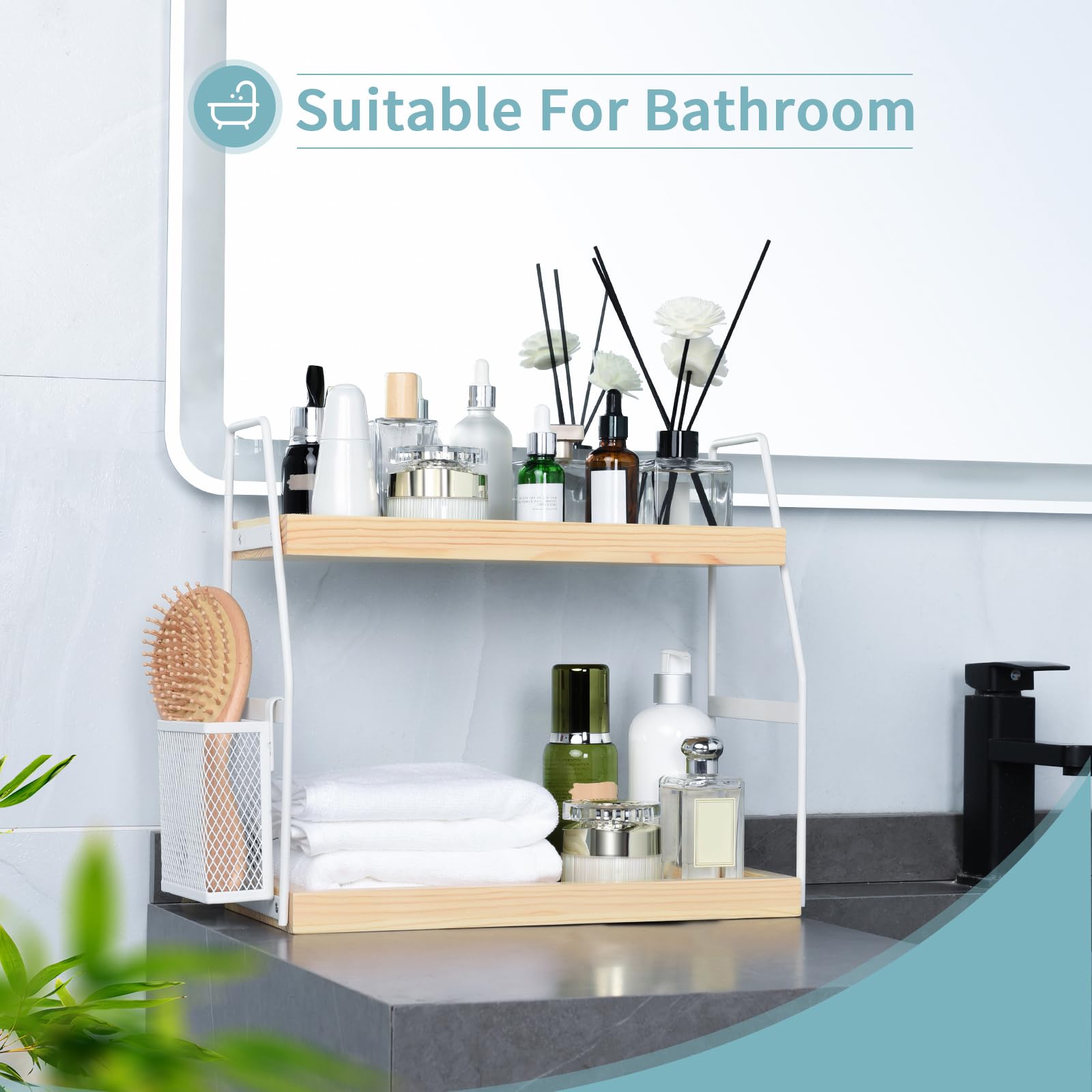 Uneviesyka Bathroom Counter Organizer, 2-Tier Standing Storage Shelf With Basket, Wood Tray For Skincare Vanity Organizer(White)