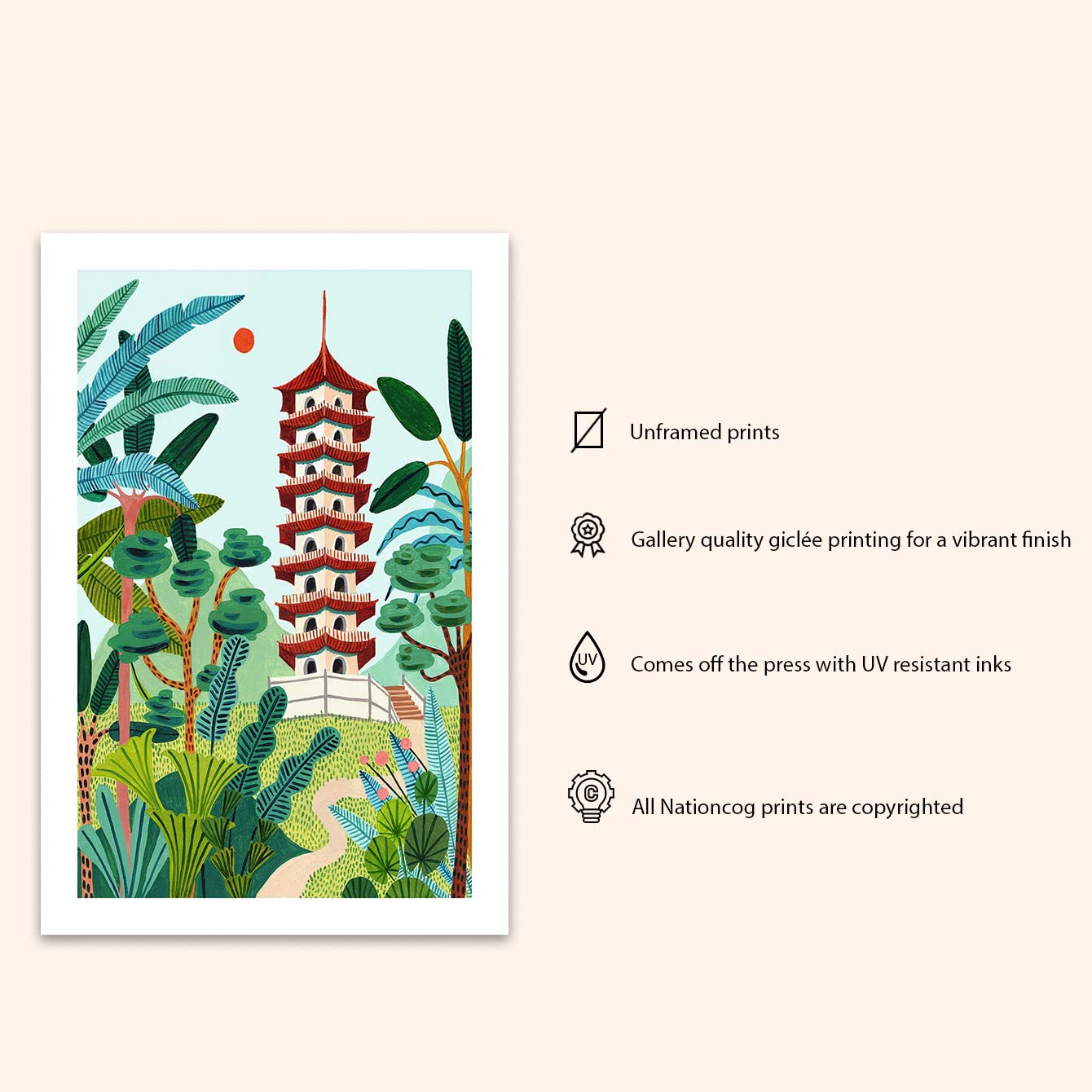 Singapore Travel Print, Chinese Garden, Pagoda, Singapore Wall Art, Botanical Illustration, Home Decor, Tropical, Nursery Wall A
