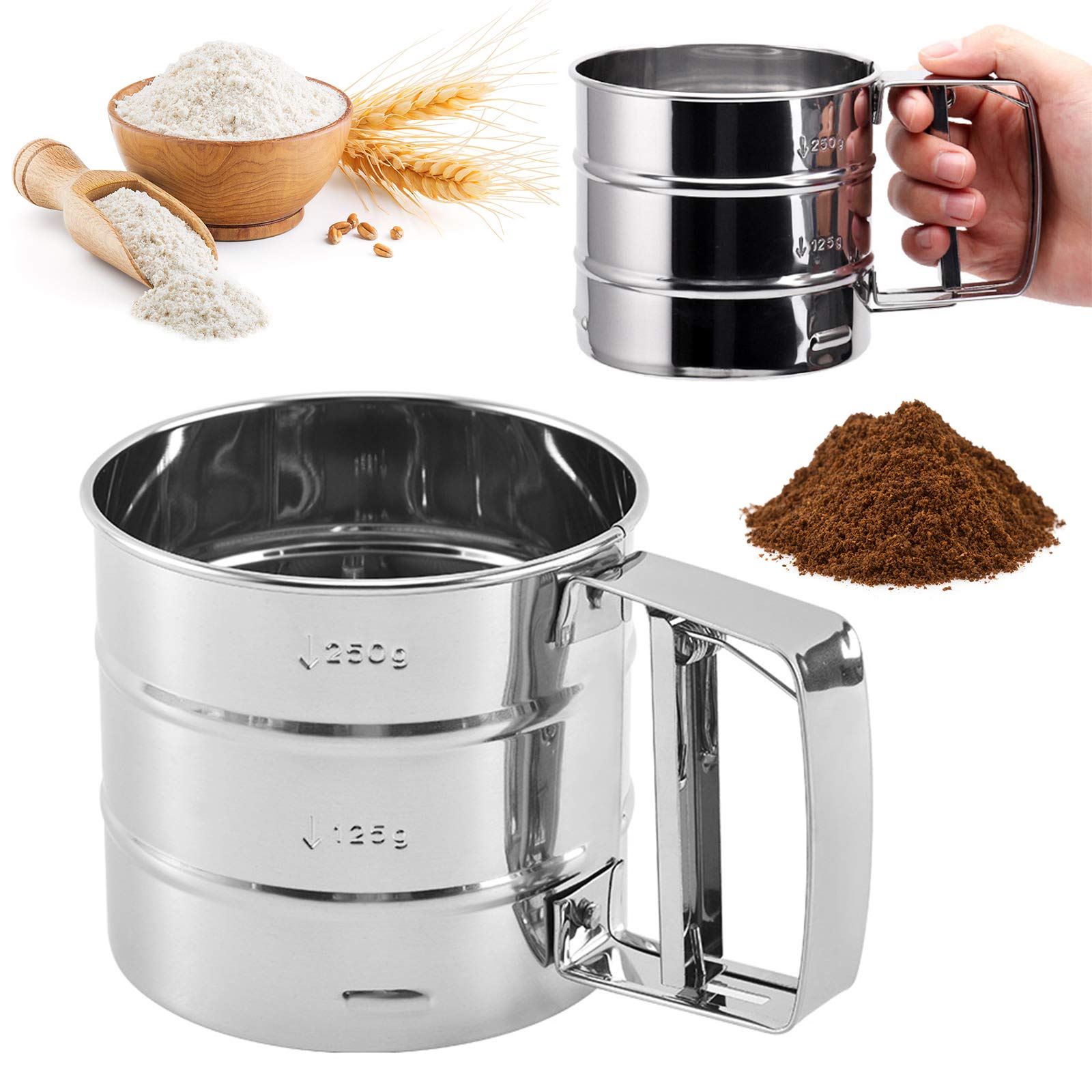 Cenbee Flour Sieve Stainless Steel Material Manufacturing,Coffee Sieve Cup,Semi Automatic 2 Cup Sifter For Baking | Fine Mesh Pa