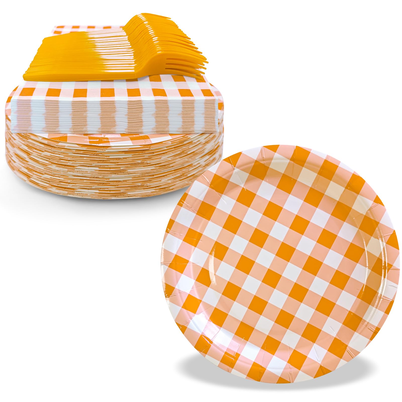 WYQJHKV 105 Pcs Orange Gingham Party Supplies Include 7 Inch Disposable Orange Dessert Paper Plates and Napkins for Wedding Baby