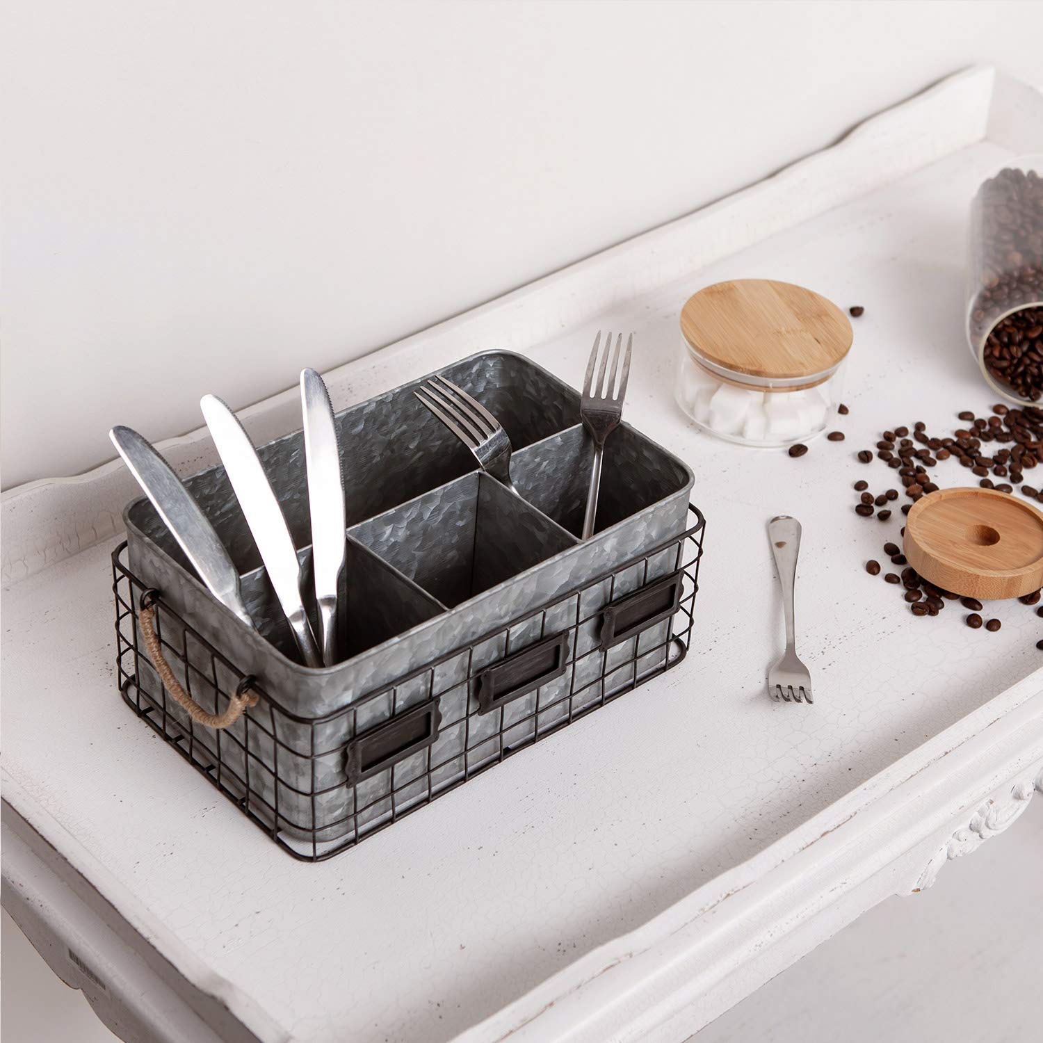 Nikky Home Farmhouse Utensil Caddy For Parties, Flatware Caddy For Countertop, Rustic Galvanized Silverware Cutlery Caddy With N