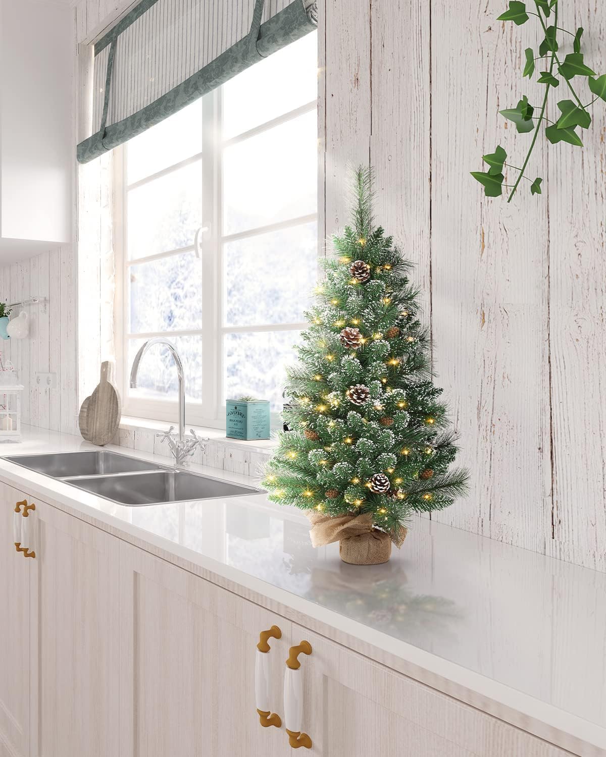 Tabletop Christmas Tree, 3FT Burlap Base with 35 LED Lights, White Tipped Branches, Prelit Small Artificial Tabletop Snow Flocke