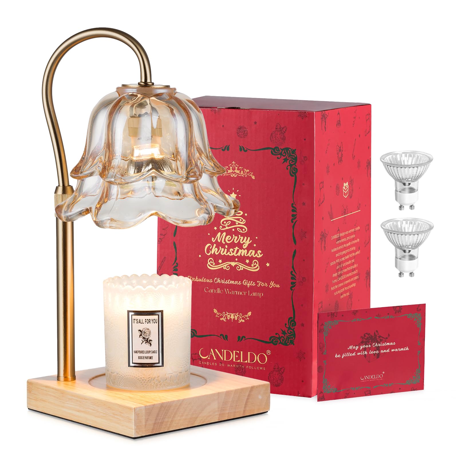 Candeldo Christmas Gifts for Women: Gold Flower Candle Warmer Lamp with Timer Height Adjustalbe Wax Warmer Dimmable Christmas Ne