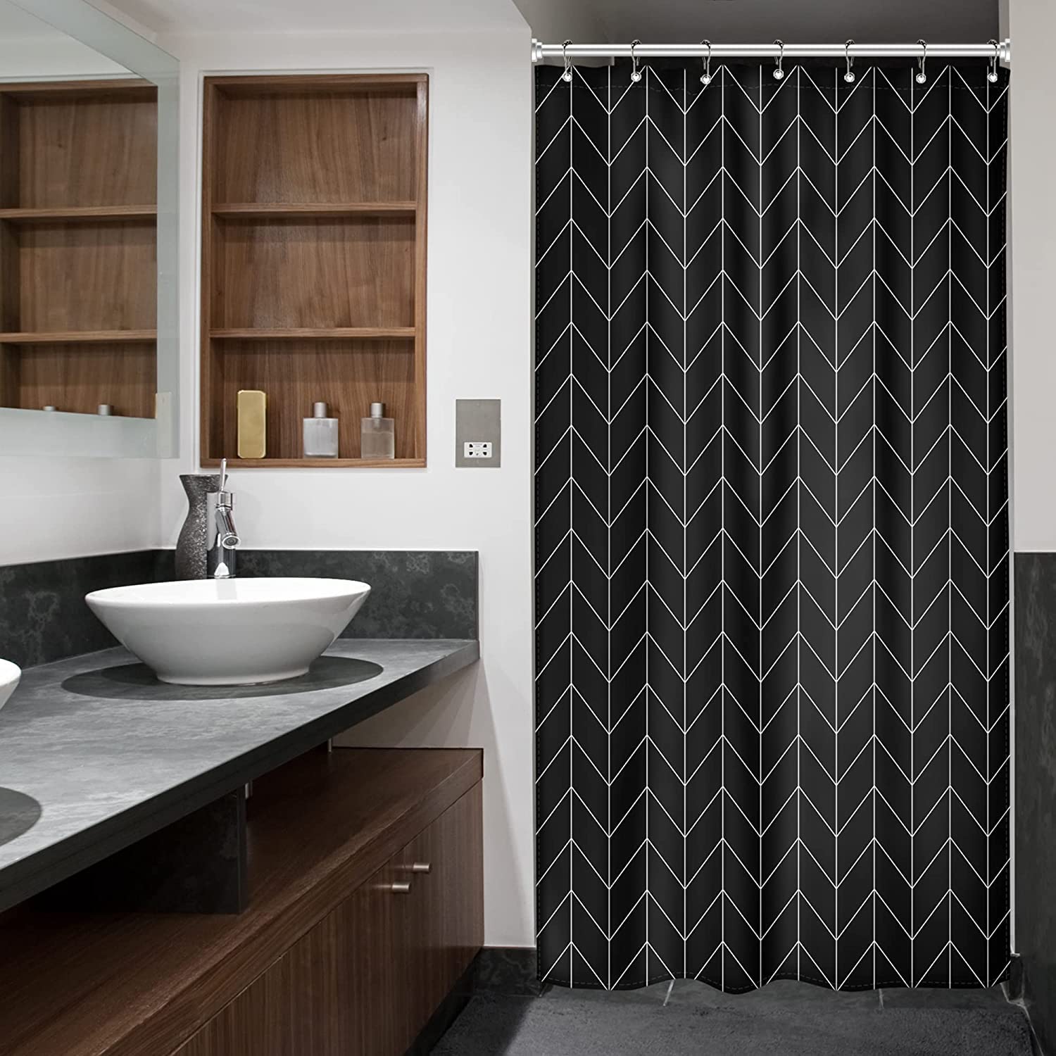 Riyidecor Stall Small Shower Curtain Half 39x72 Inch Black Chevron Herringbone Geometric Striped Simple Modern Classy Neutral 7 Pack Hooks Contemporary Decor Fabric Bathroom Set Polyester Waterproof