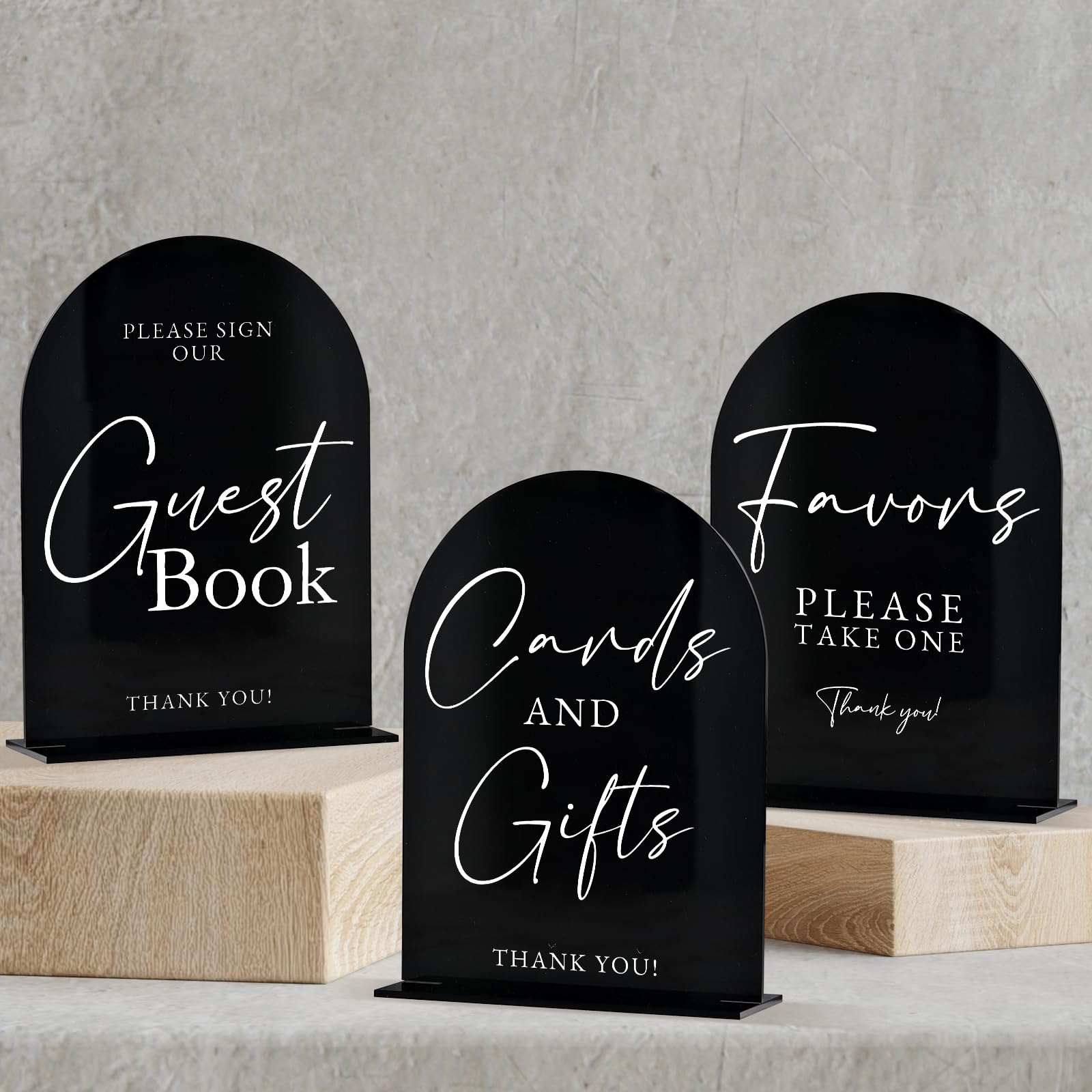 Set of 3 Black Arch Acrylic Signs and Stands, 5 in x 7 in, 1/8 in Thick | Reception Signs for Wedding: Guest Book, Favors and Mo