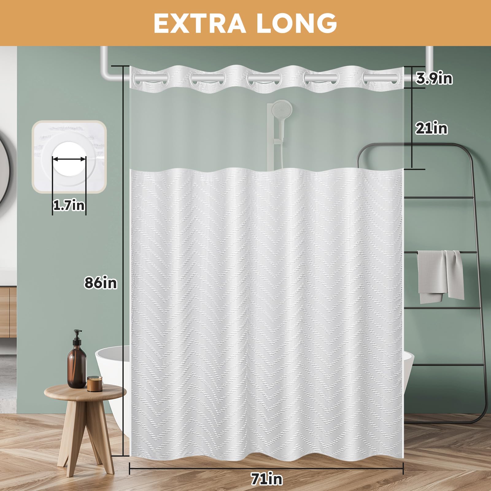 Fadoty No Hook Shower Curtain And Snap In Liner Set White Tufted Chevron Striped Cloth Waterproof Washable Fabric Boho Farmhouse