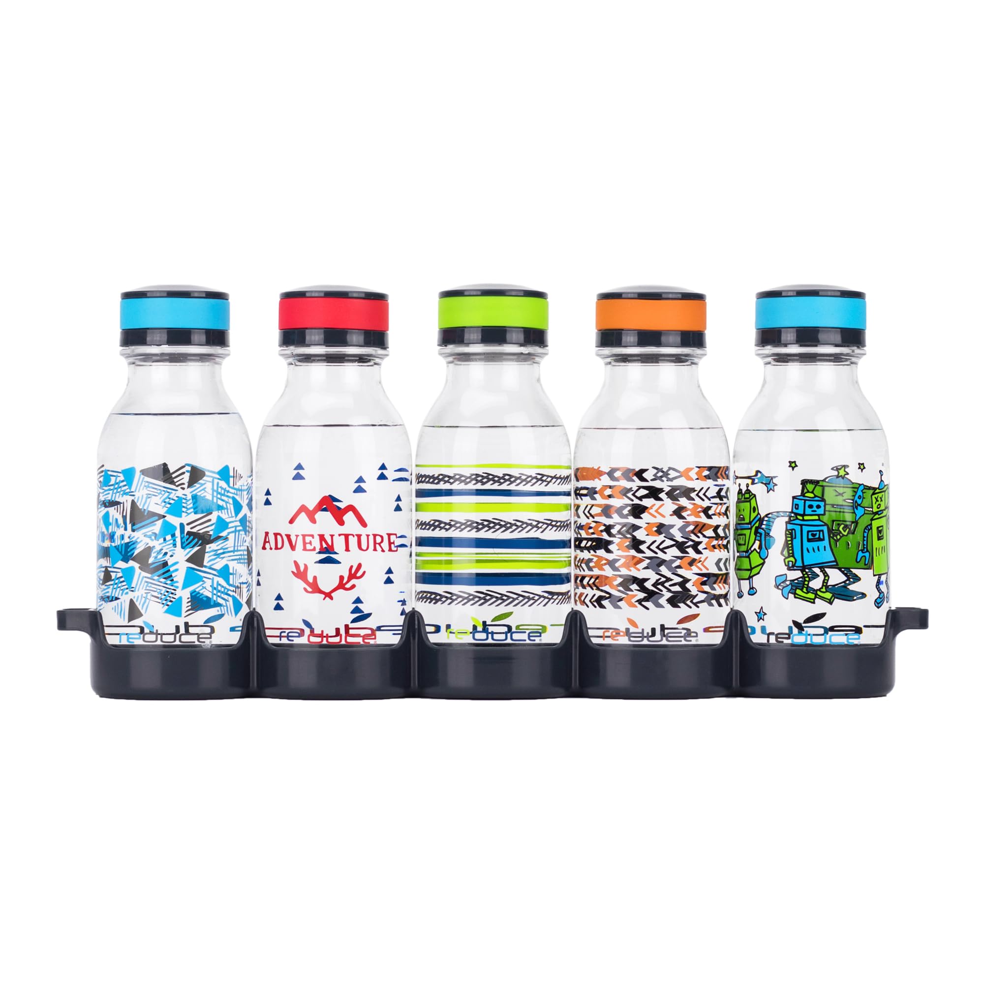 REDUCE WaterWeek Refillable Water Bottles  14 oz - Includes 5 WaterWeek Leak Proof Tritan Reusable Water Bottles - Includes Fridge Tray For Your Water Bottles - Adventure