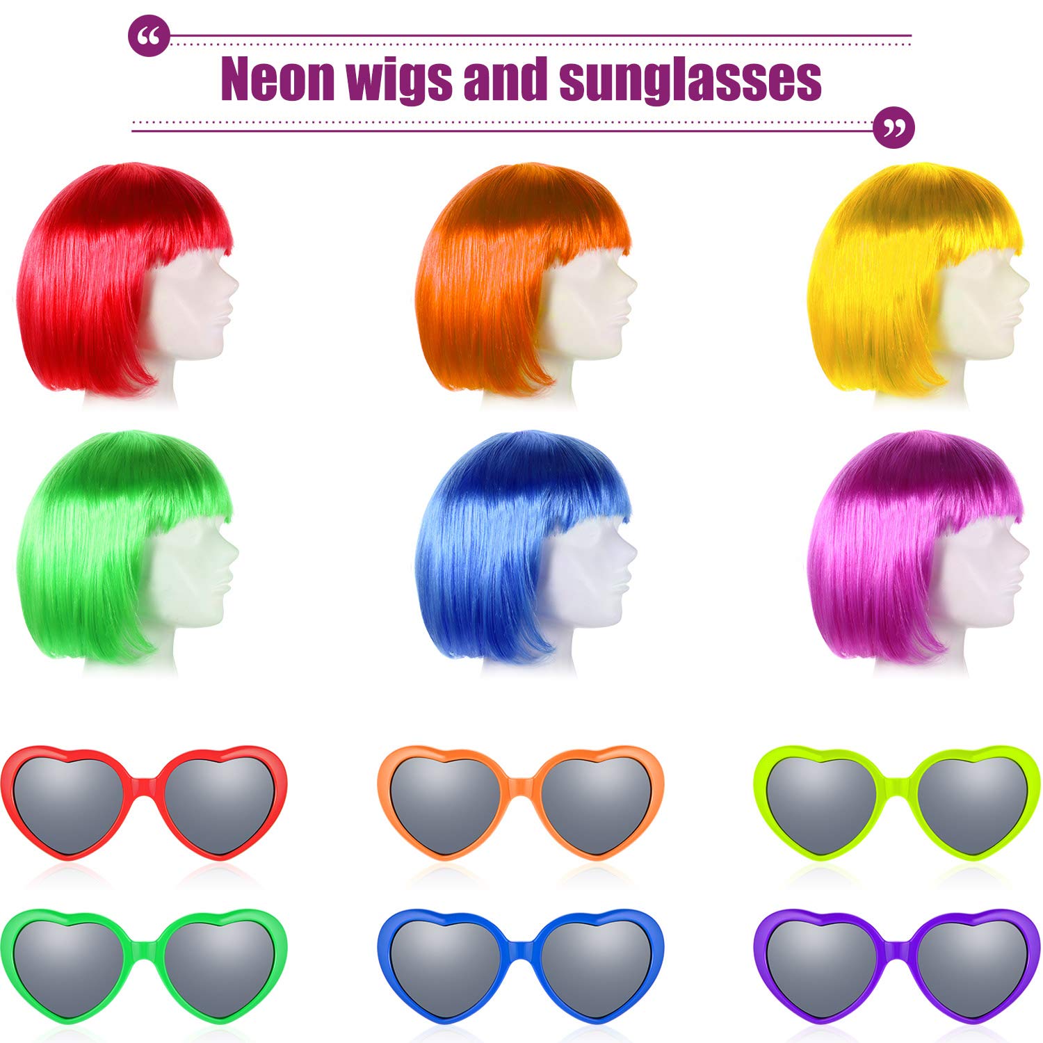 WILLBOND 12 Pieces Colorful Party Wigs and Sunglass Set, Neon Short Bob Wig Sunglass Pack Costume Cosplay Wig Daily Party Hairpi