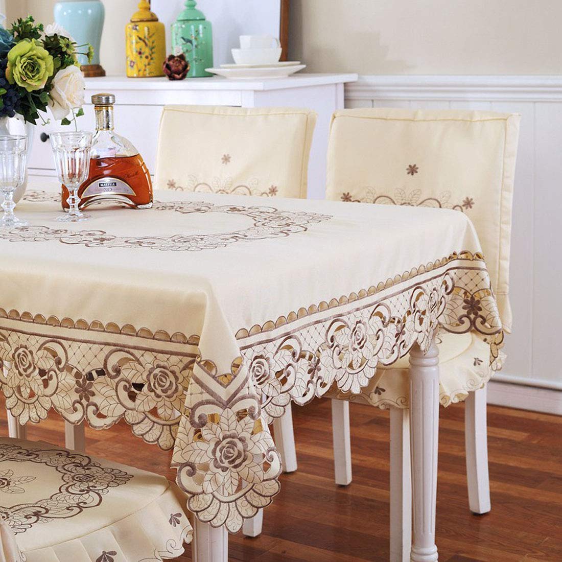 Lelehome 31 X 56    Oblong Classic Embroidered Brown Flower Tablecloth, Vintage Lace Beige Rectangular Table Cloth For Kitchen D