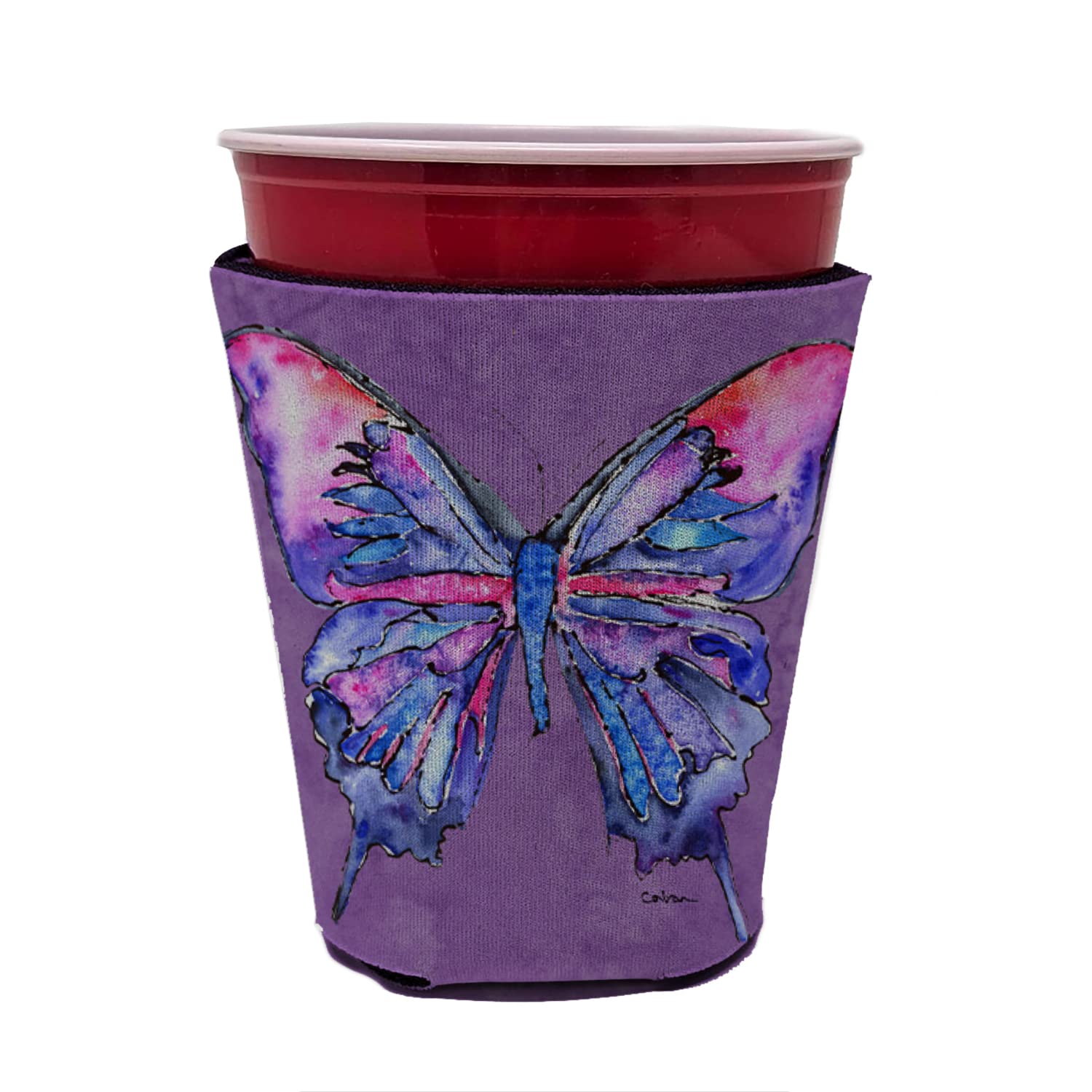 Butterfly on Purple Red Solo Cup Beverage Insulator Hugger