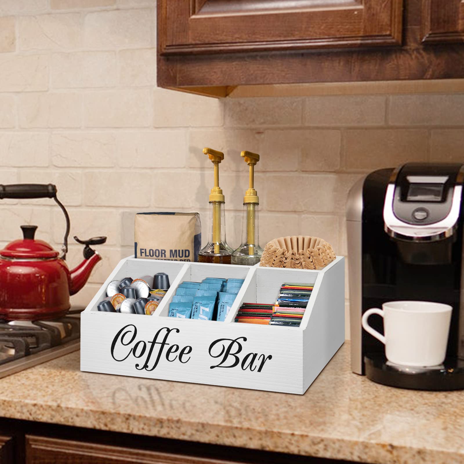 Ugiftt Coffee Station Organizer For Counter, Wood Coffee Pods Holder Storage Basket, Coffee And Tea Condiment Storage Organizer,
