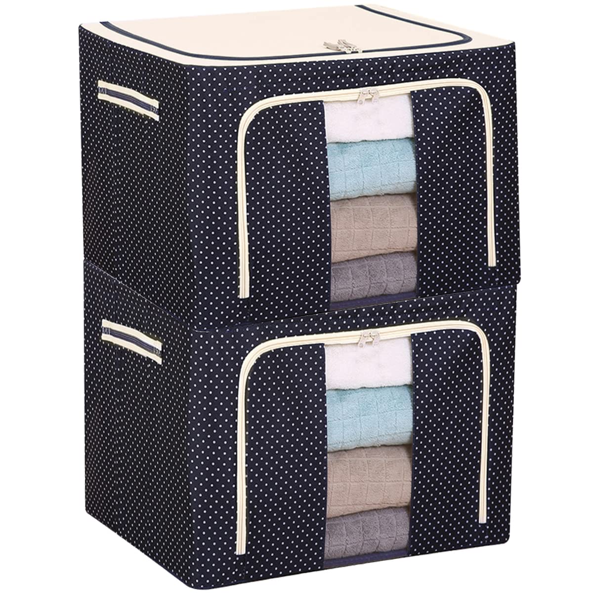 Chiiis 2 Pack Closet Storage Bags, 66L Collapsible Blanket Organizers, Foldable Toy Storage Bins, Navy Blue