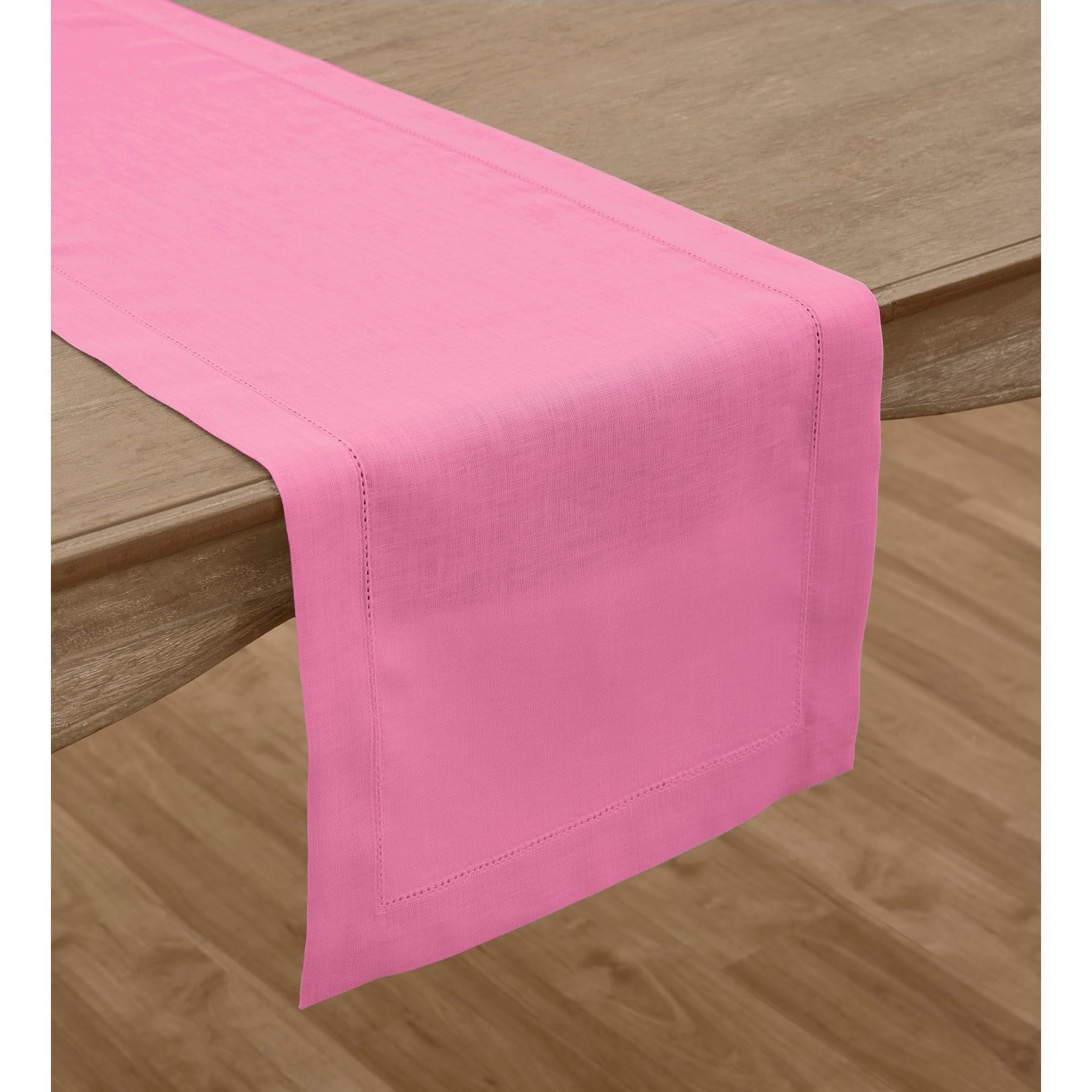 Solino Home Linen Flamingo Pink Table Runner 60 Inch - 100% Pure Linen Classic Hemstitch Short Table Runner 14 X 60 Inch Ideal F