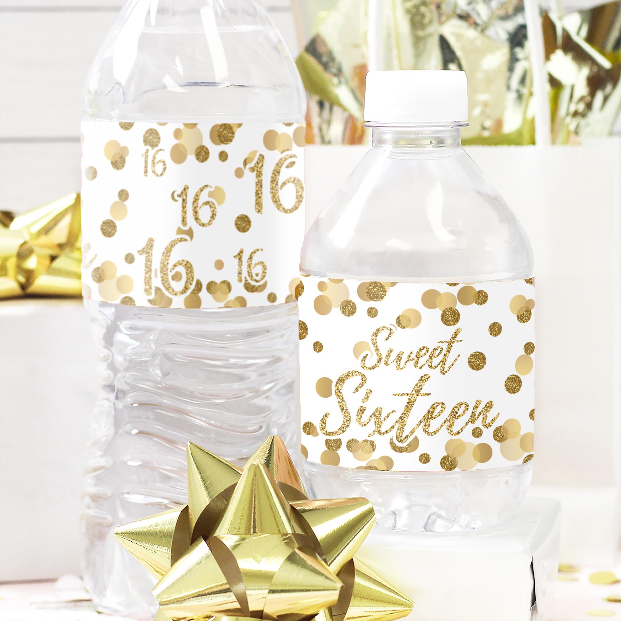 White And Gold 16Th Birthday Sweet Sixteen Party Water Bottle Labels - Waterproof Wrappers - 24 Stickers