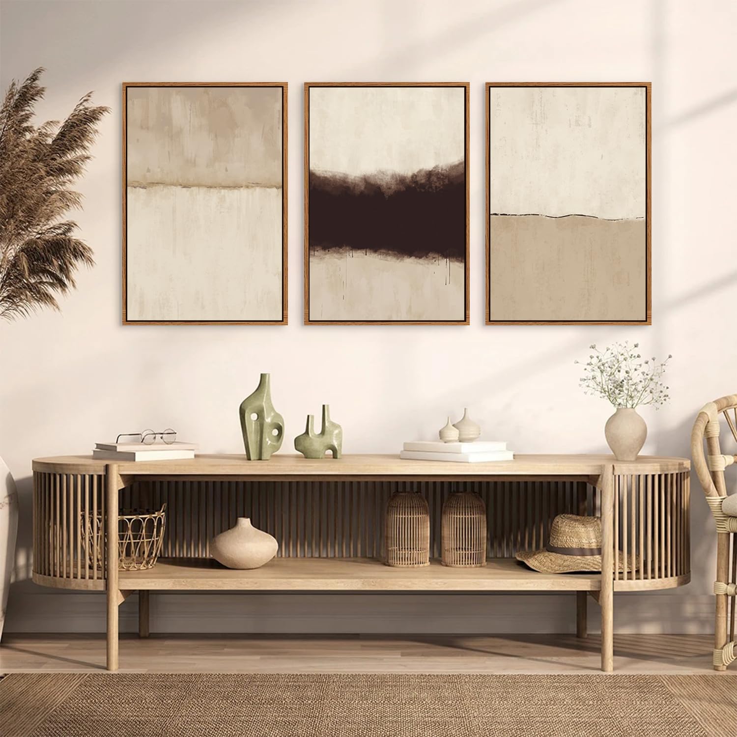 Chditb Large Abstract Framed Canvas Wall Art Set, Modern Neutral Wall Decor, Minimalist Textured Wall Painting, Beige Black Art