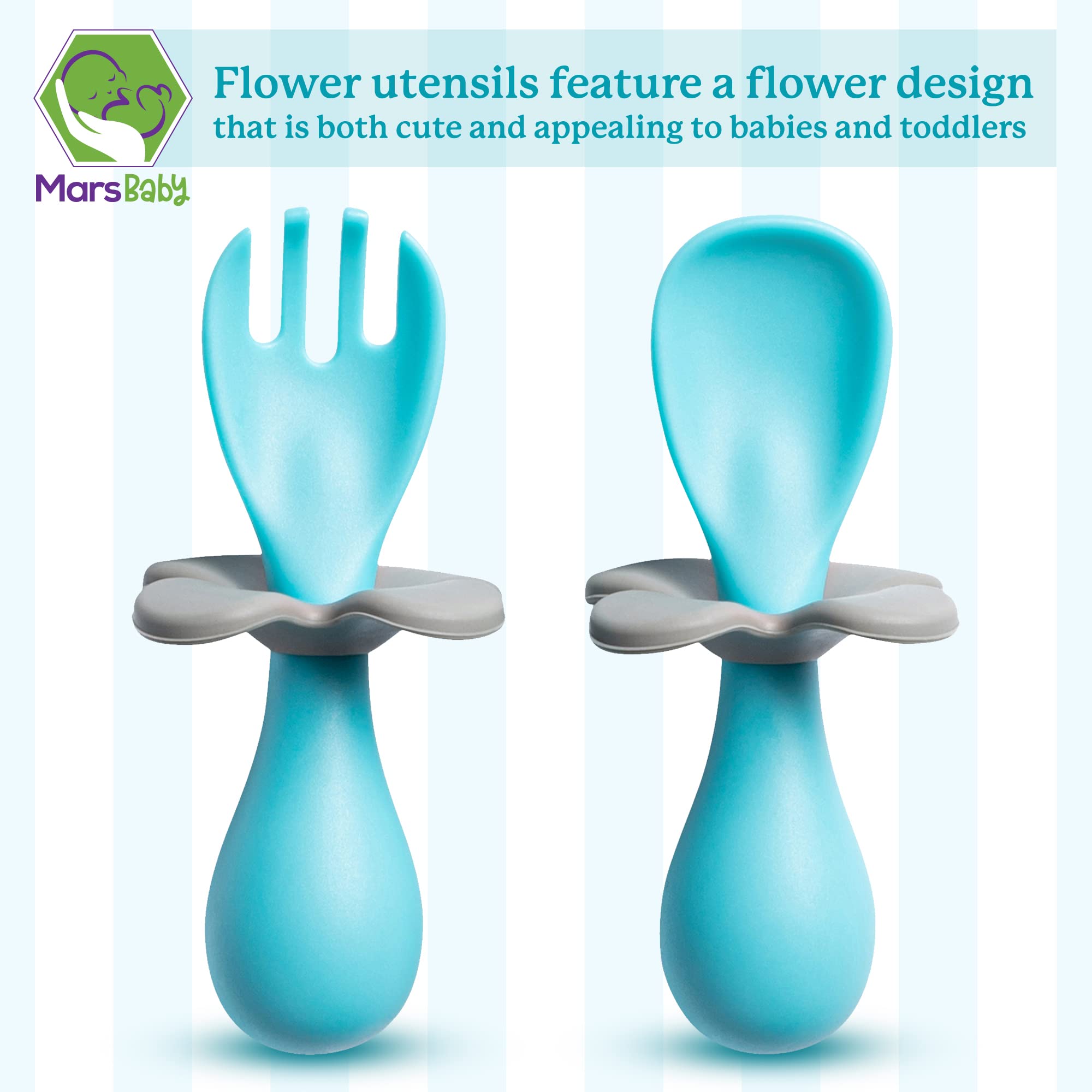 Mars Baby Flower Design Baby and Toddler Self-Feeding Training Utensils - Easy to Hold and Use Led Weaning, Protective Choke Bar