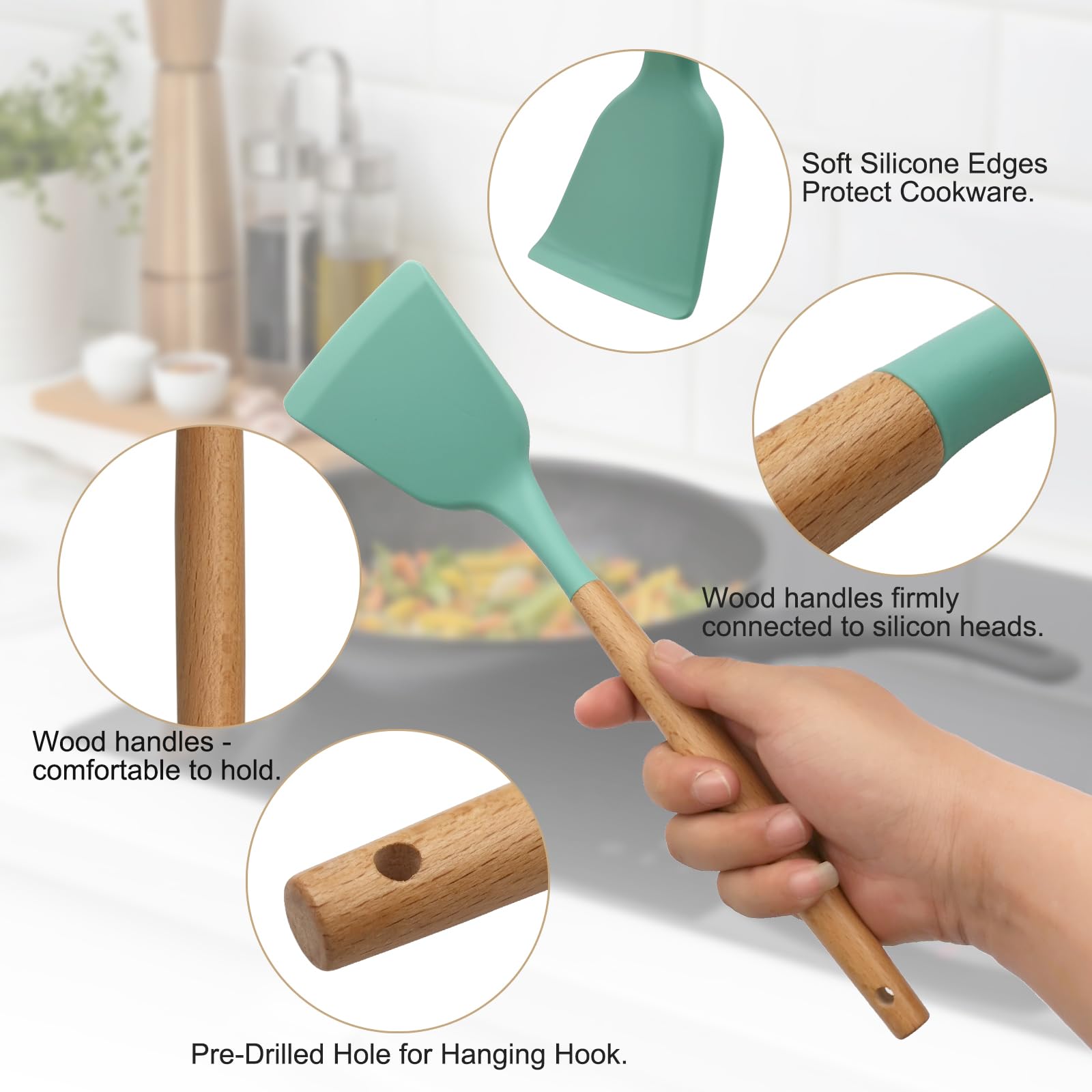 Kitchen Utensils Set Of 12, Silicone Cooking Utensils With Non-Slip Wooden Handle And Organizer Bucket, 446F Heat Resistant Cook