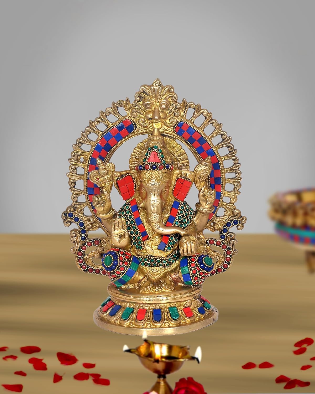 Aona Brass Ganesha Ganesh Murti Statue Idol For Home Shop Office, Height : 10 Inch