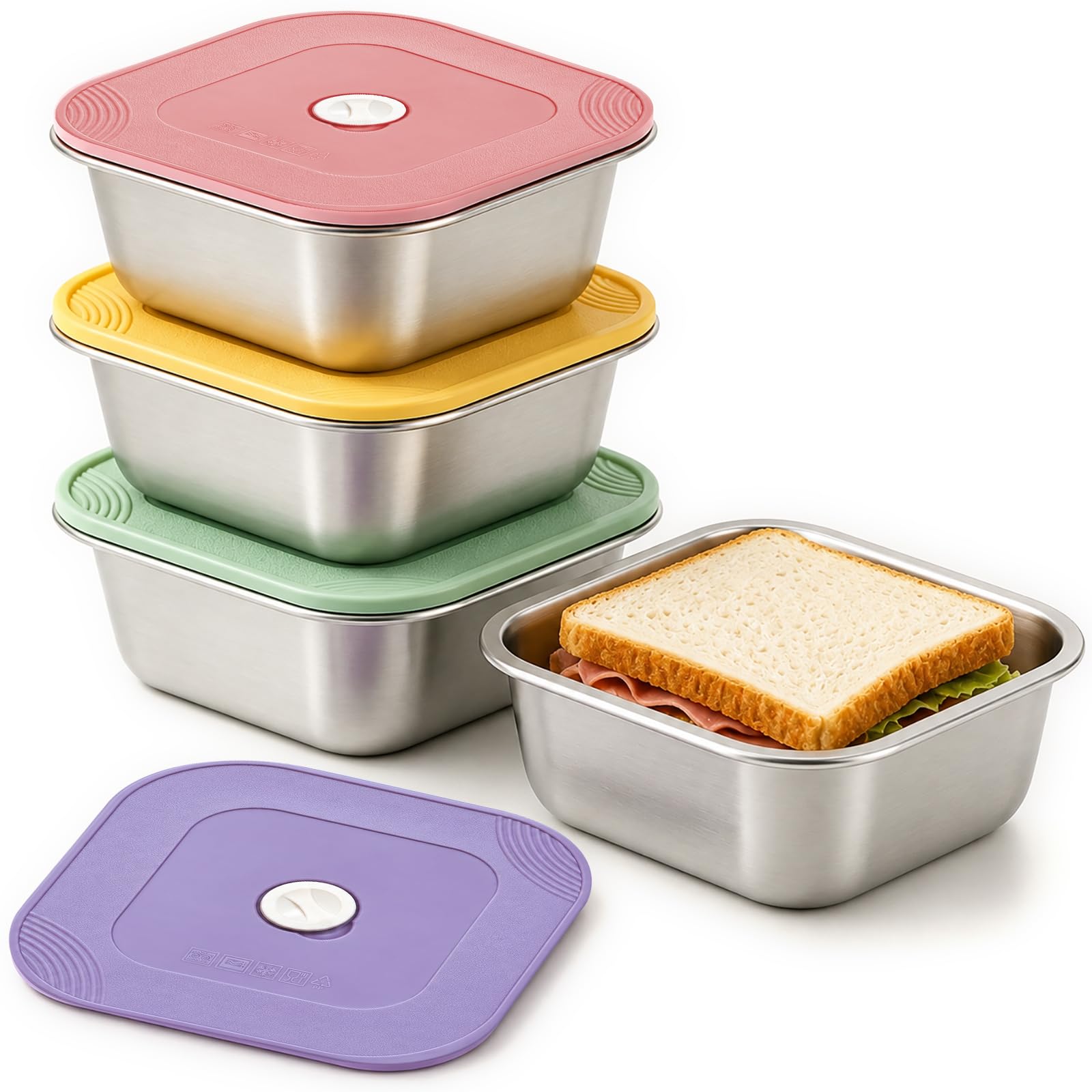 4 Pack Stainless Steel Sandwich Containers, 20 Oz Lunch Boxes, Vented Lids