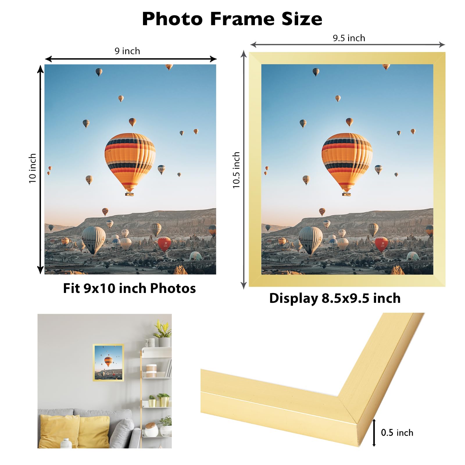 JCJMY 9x10 Picture Frame Gold for Wall Hanging or Tabletop, Wall Mounting Horizontally or Vertically, 9 x 10 Wall Gallery Poster