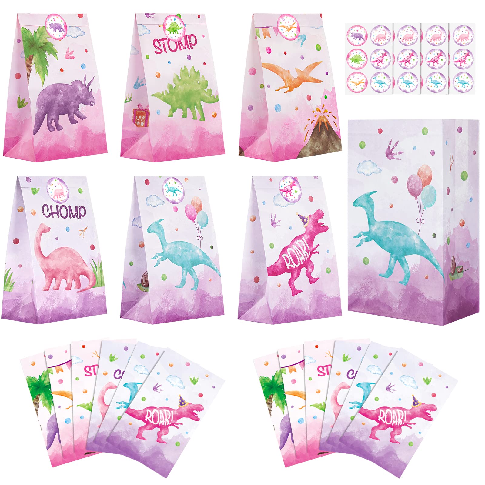 Wernnsai Watercolor Dinosaur Goodie Bags - 24 Pcs Dinosaur Party Supplies For Girls Kids Birthday Gift Bags Dino Theme Party Fav