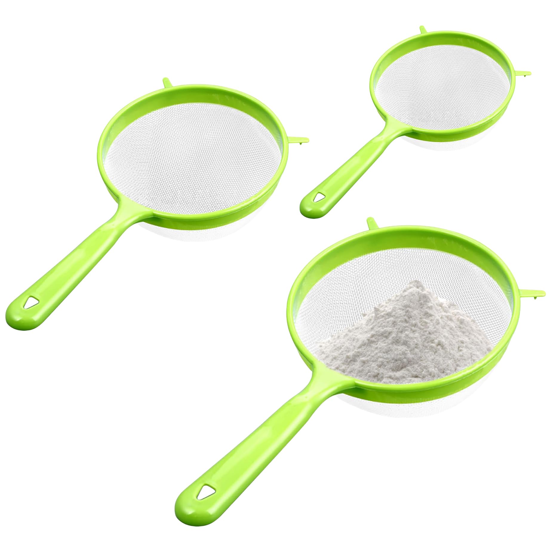 Kitchen Sieve, 3 Sizes (3/4/5 dia.) Fine Mesh Sieves for Cooking, Plastic Handled Strainer for Flour Food Washing Draining Pasta