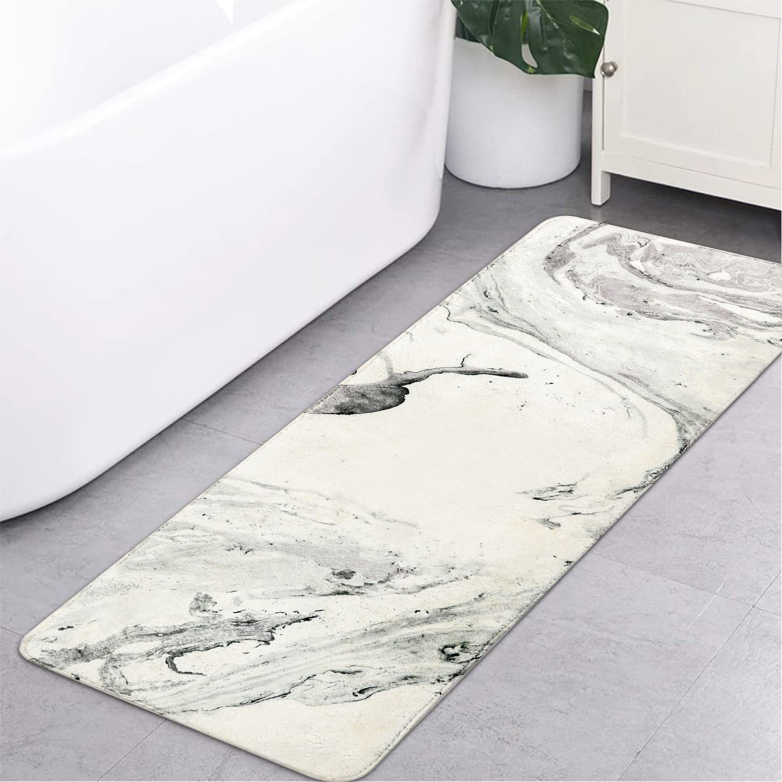 Haocoo Bath Mat 18X47 Inch Gray Marble Runner Rug Velvet Non-Slip Bathroom Rug Modern Long Bath Rug Soft Luxury Microfiber Machi