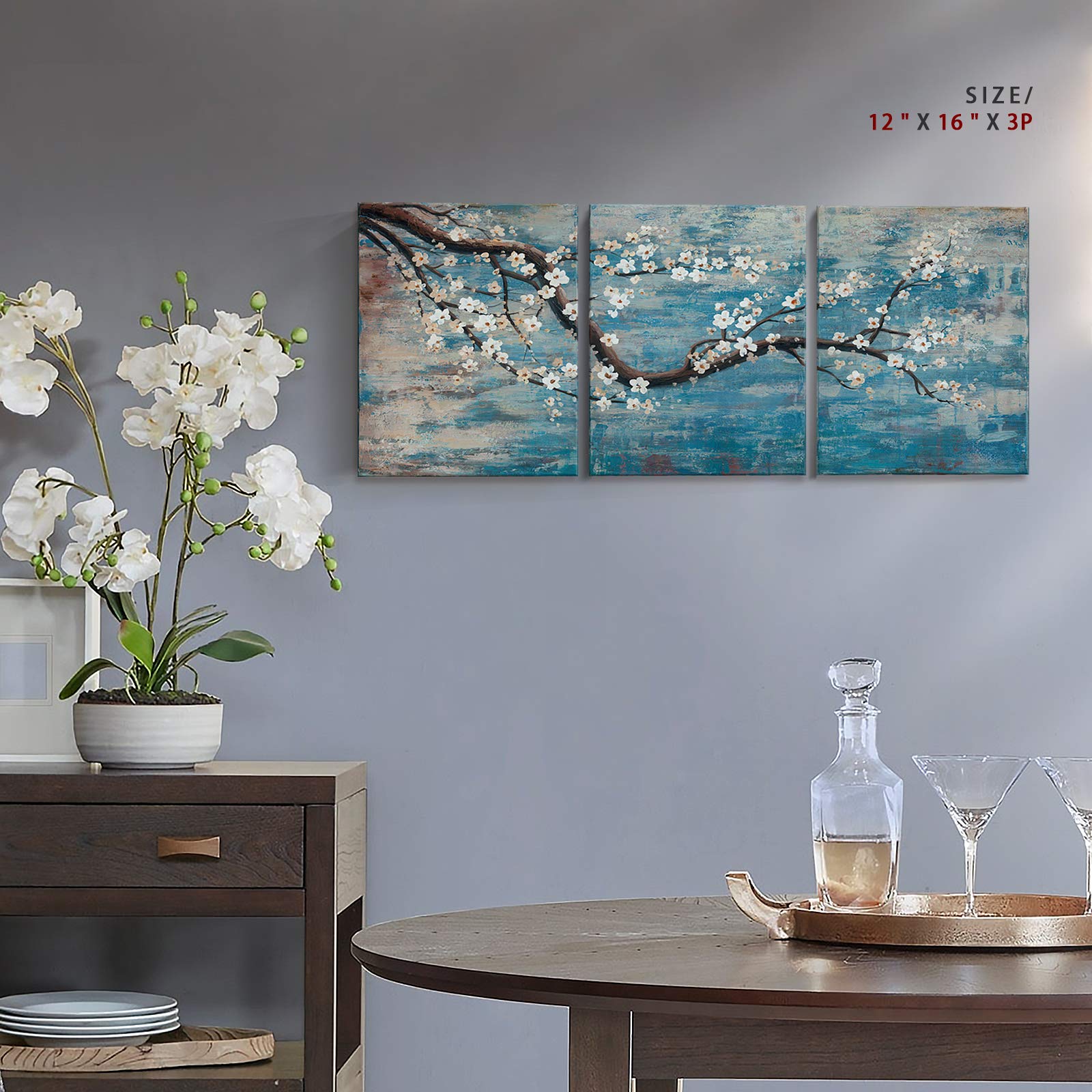 amatop 3 Piece Wall Art Hand-Painted Framed Flower Oil Painting On Canvas Gallery Wrapped Modern Floral Artwork for Living Room Bedroom D?or Teal Blue Lake Ready to Hang 12''x16''x3 Panel