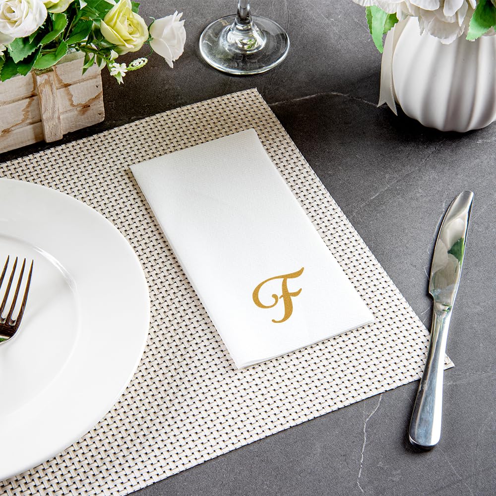Luxenap 15.8 X 7.9 Inch Linen-Feel Guest Towels, 50 Lettered Hand Towels - Gold Letter 'F', Cursive Font, White Paper Dinner Nap