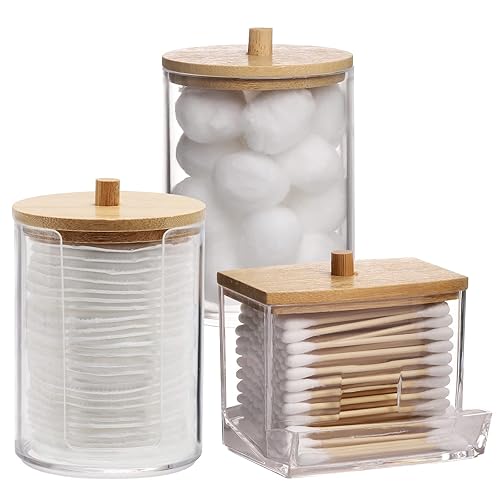 Tbestmax Bathroom Organizer Accessories Set-10 OZ 7 OZ Qtips Holder Storage with Brown Wood Lids  Cotton Ball/Swabs Dispenser  Apothecary Container Jar 3 Pcs