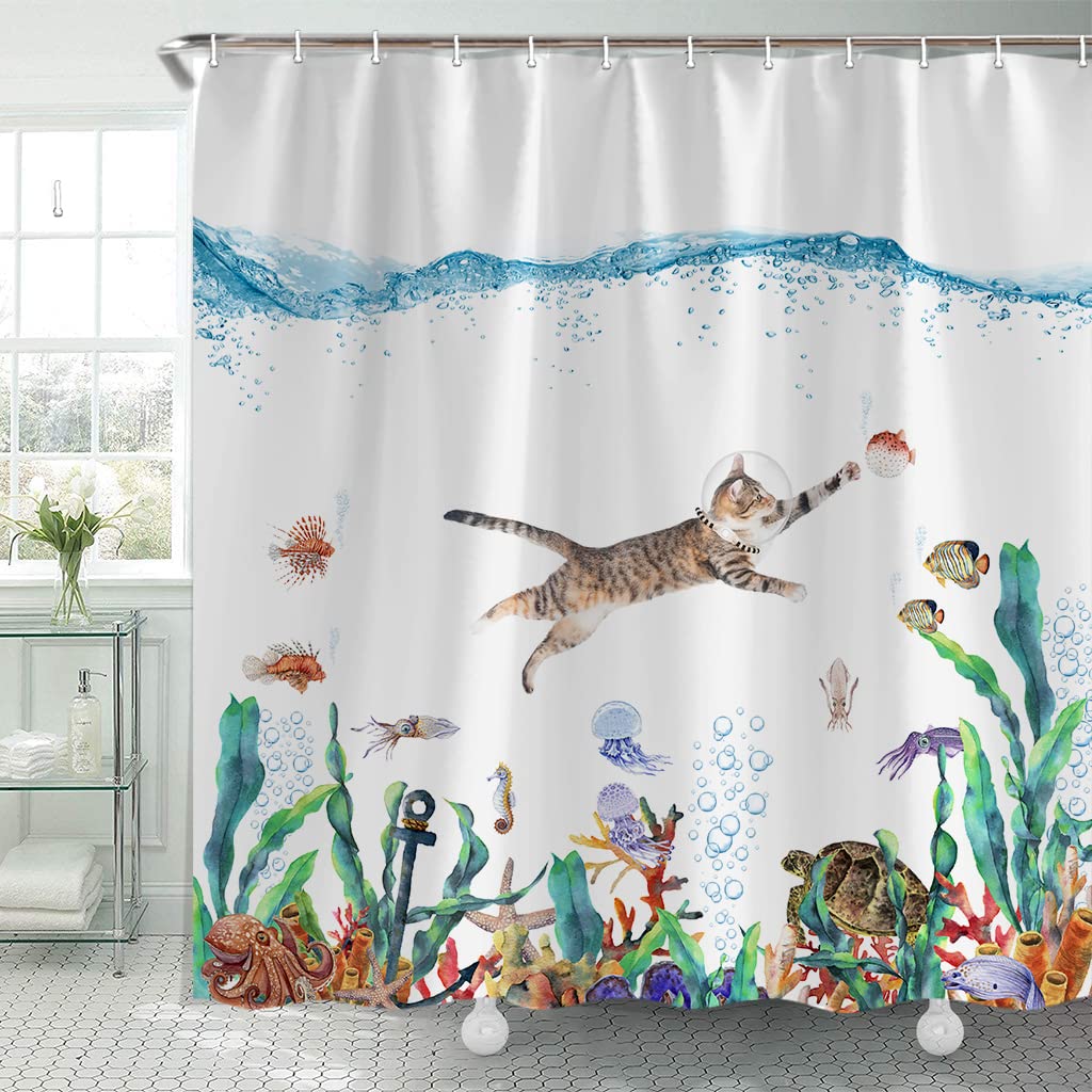 Funny Cat Fabric Shower Curtain For Bathroom, Ocean Animal Octopus Starfish Turtle Nautical Anchor Fish Shower Curtain Cute Fun
