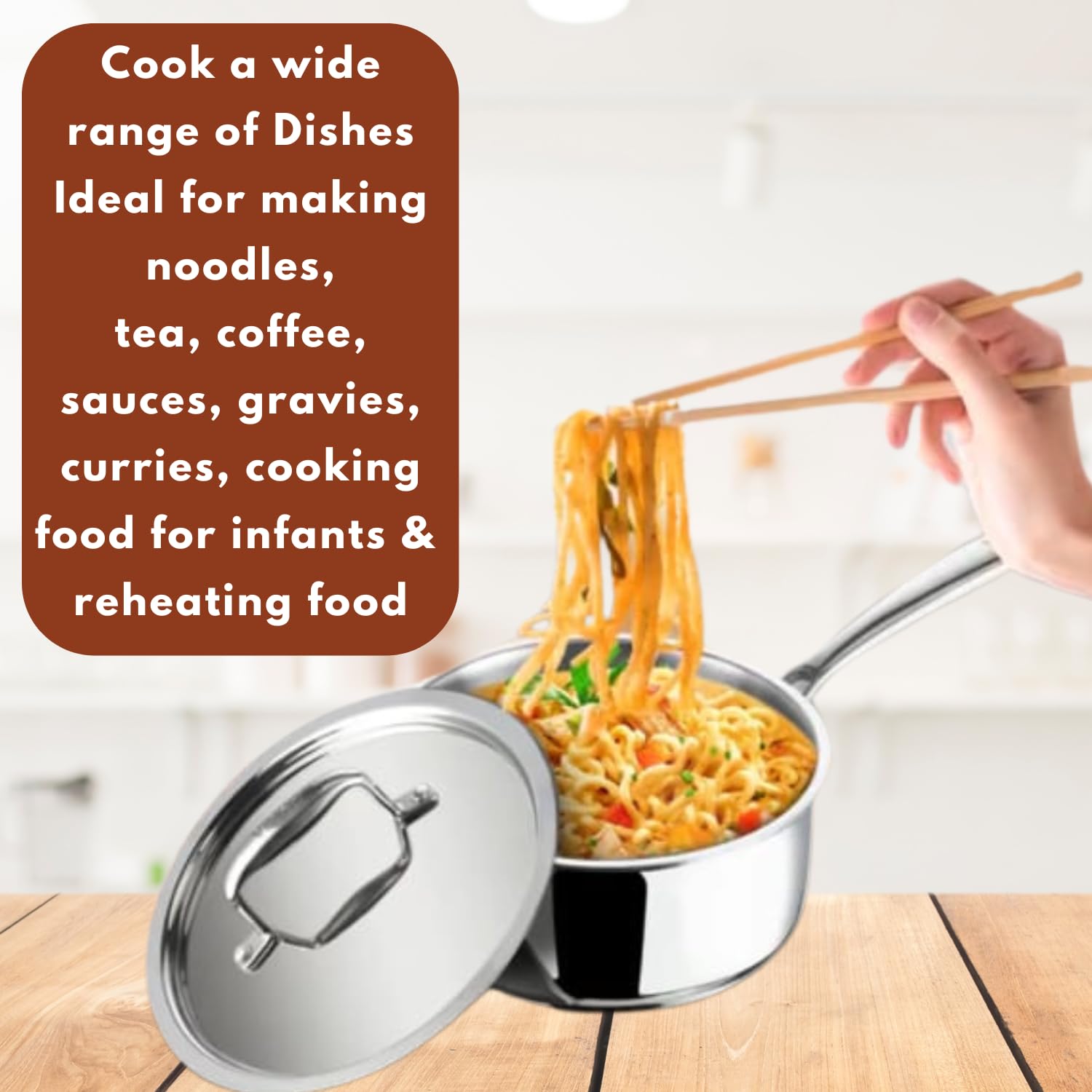 Vinod Platinum Triply Stainless Steel Saucepan with Lid - 2.2 litres (18 cm) | 2.5 mm Thick | Tea, Chai Pan | 5 Year Warranty |