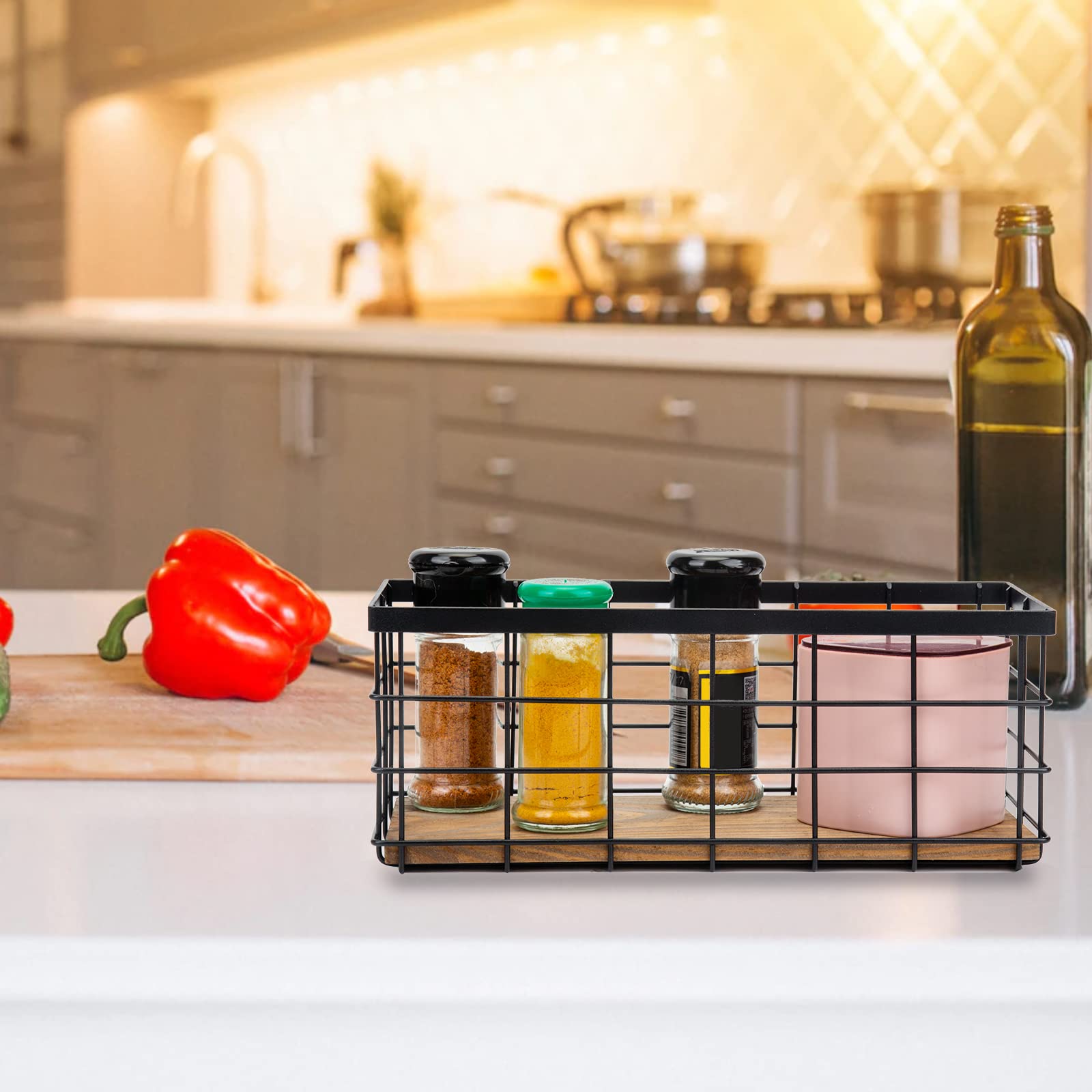 Tieyipin Farmhouse Decor Metal Wire Storage Baskets, Wood Base Containers Organizing Basket Caddy Bin For Kitchen Cabinets, Bath