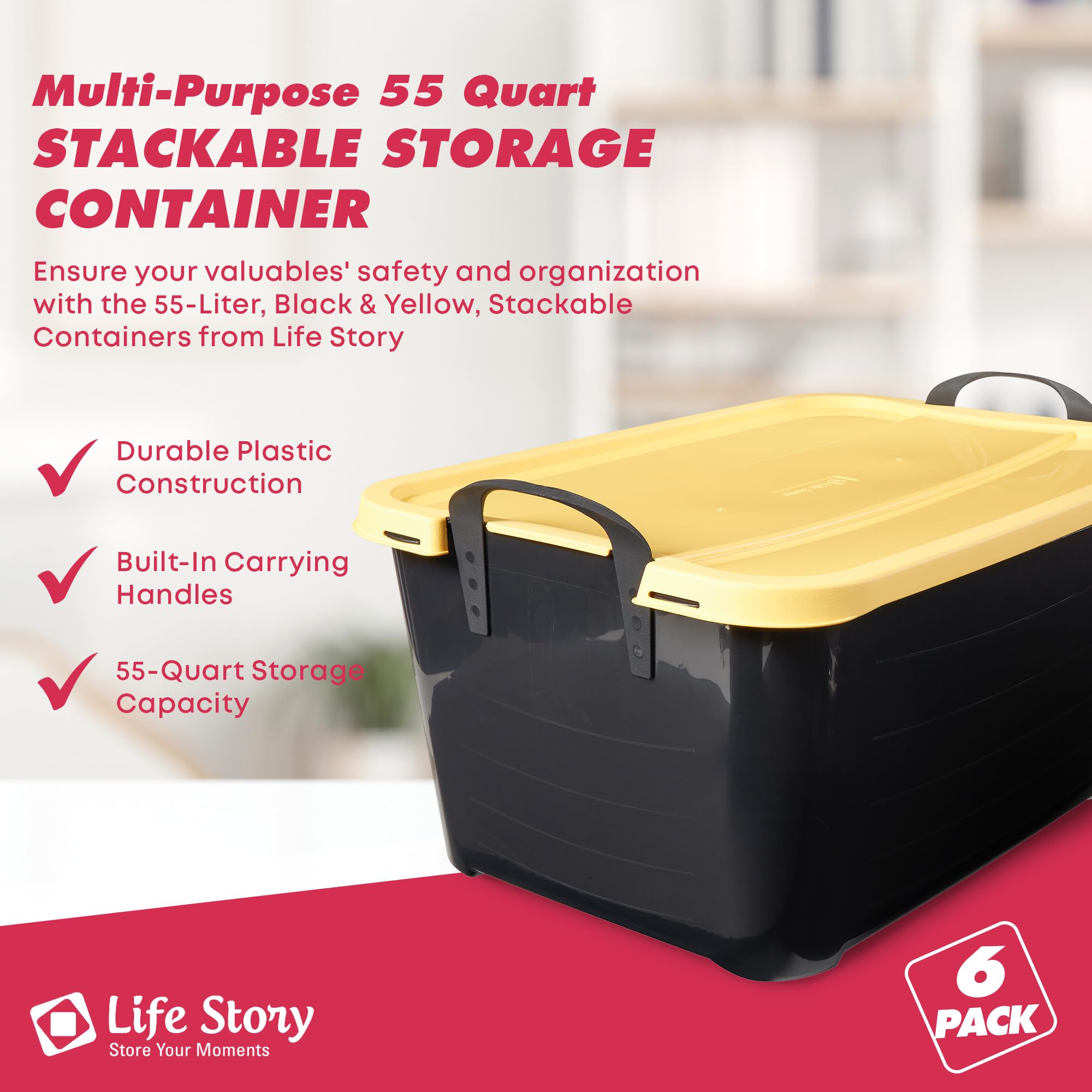 Life Story 55 Quart Plastic Stackable Storage Unit Bin with Lid and Handles for Home Garage Organization  Black and Yellow (6 Pack)