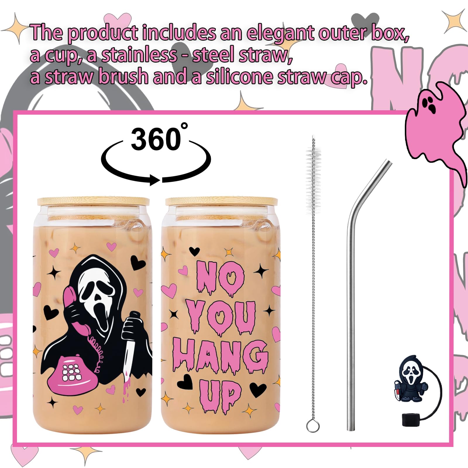 qiyeyeye 16oz Halloween Ghost Glass Cups with Lids and Straws, Cute Scream Skull Themed Pattern. Iced Coffee Tumblers,Halloween