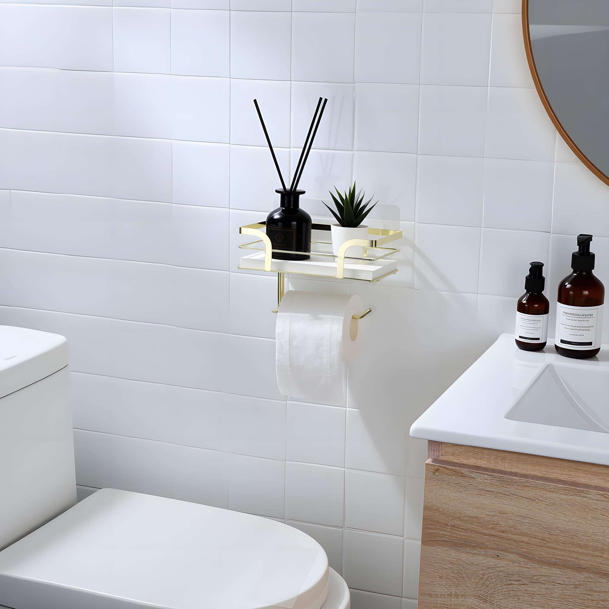 Toilet Paper Holder With Shelf - Toilet Roll Holder Modern Decor For Bathroom, White Wooden Shelf Without Drilling&Wall Mounted