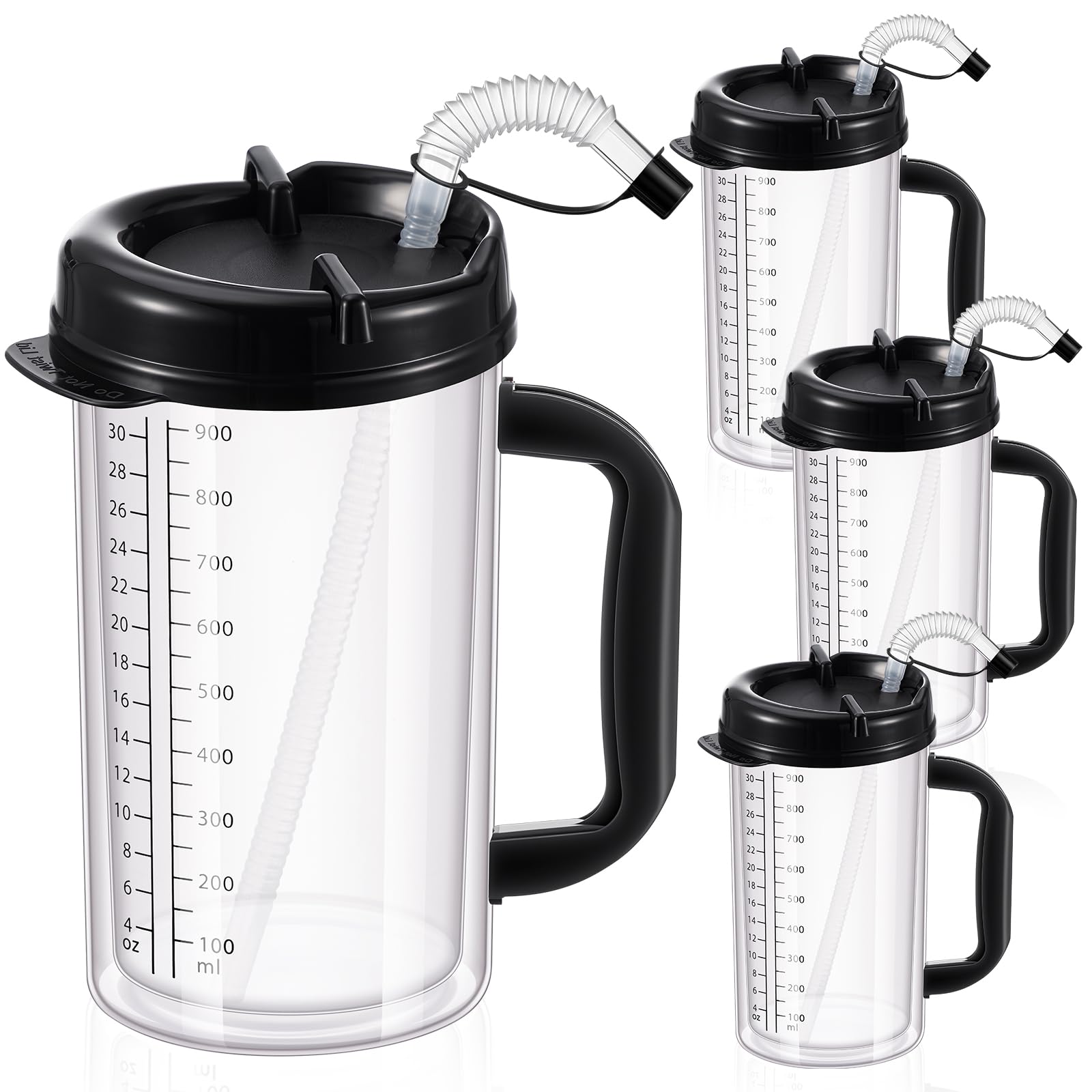 Kritkin 32 oz Hospital Cup with Straw Lid, Black, 4 Pcs