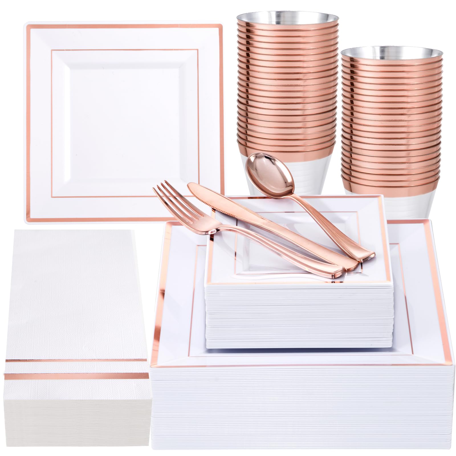 Festiva 350Pcs Rose Gold Plates And Napkins Party Supplies-Square White And Rose Gold Plates Disposable Dinnerware Include Plate