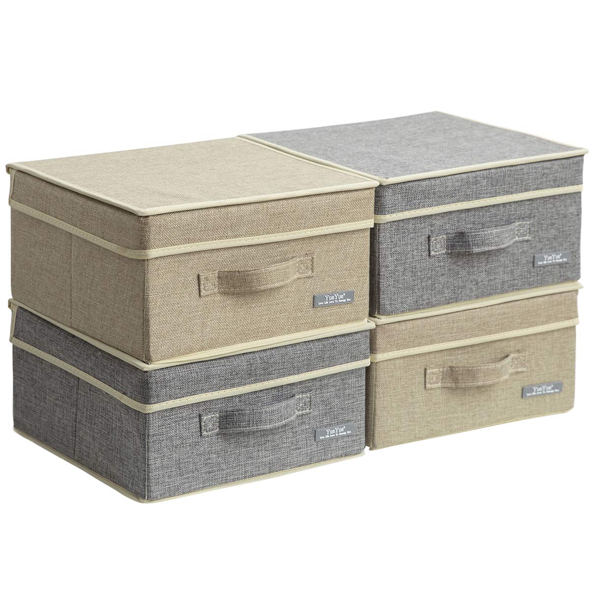 Yueyue 4 Pack Small Fabric Storage Box With Lids, Foldable Linen Storage Box With Lids 4 Pieces Gray&Linen Set 12.4In/12In/6.7In