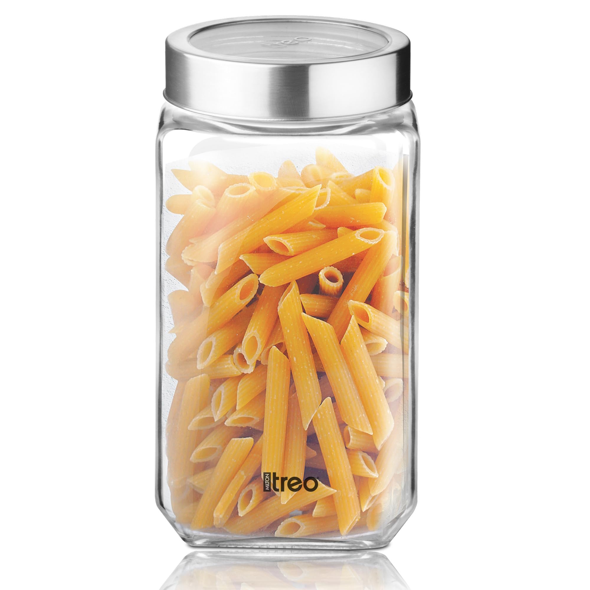 Treo By Milton Cube Storage Containers, 1 Piece, Glass Jar With Air Tight Steel Lid, 2250 Ml Each, Transparent Jars For Snacks, 