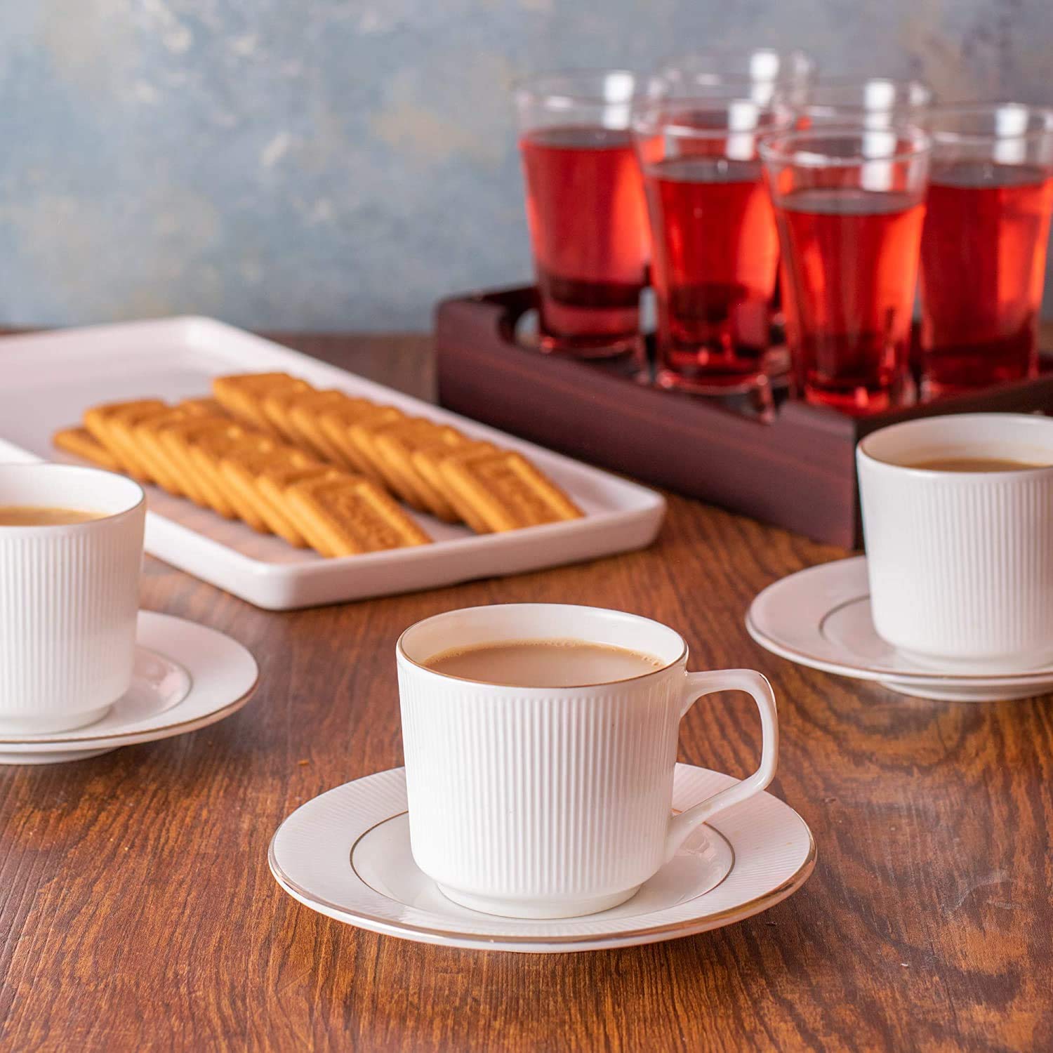 Femora Indian Ceramic Vertical Bar, White Tea Cup With Saucer Set Of 12 Pcs | Tea/Coffee Cups 200 Ml | Microwave & Dishwasher Sa