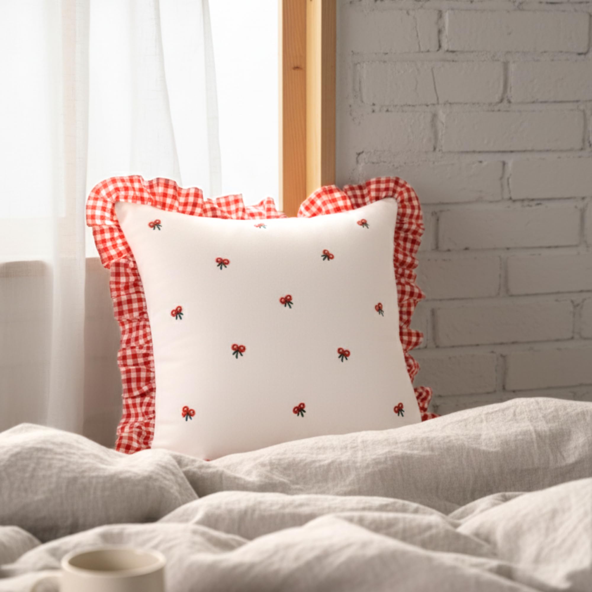 Sleepy Threads Red & White Square Cotton 180 Tc Cushion Cover Floral Embroidered | Set Of 5 | With Ruffle Frill Edging , 16X16 I