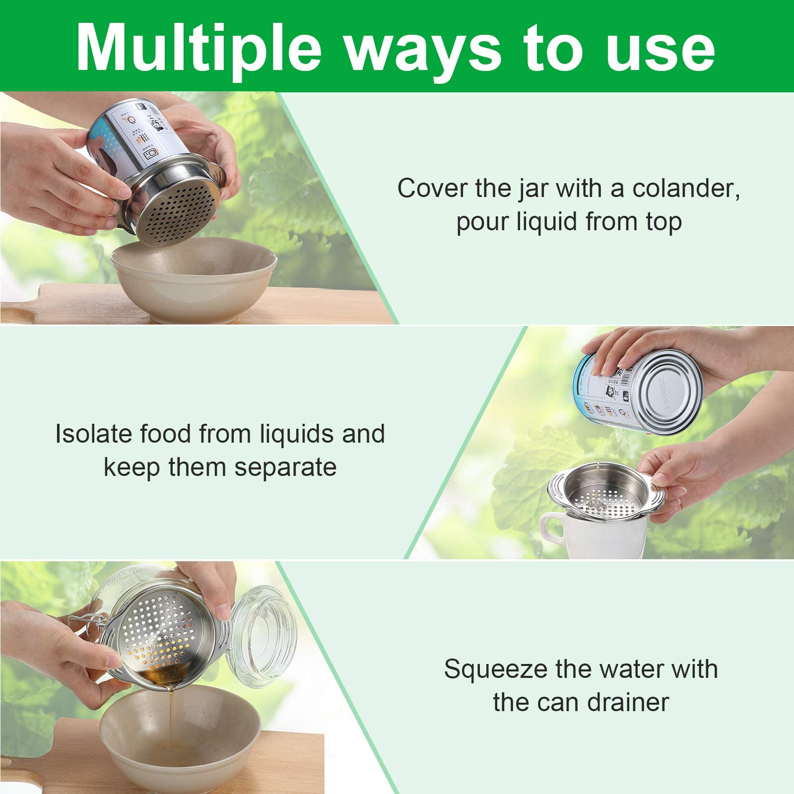 Patelai 3 Pieces Tuna Can Strainer Stainless Steel Food Strainer Sieve Metal Press Lid Canning Colander Oil Drainer Tuna Filter