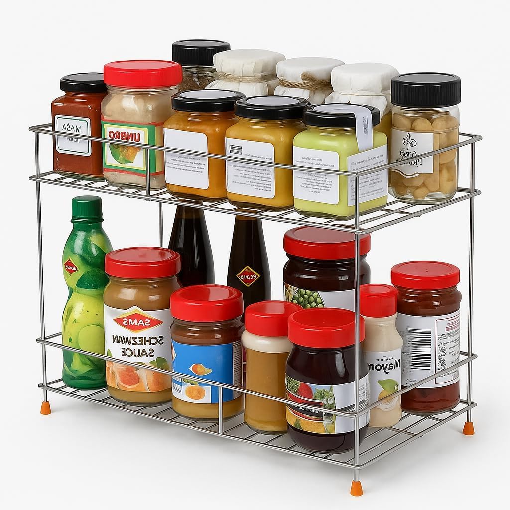 NH10 DESIGNS High Grade Stainless Steel 2Layer Kitchen Spice Rack | Organizer Multipurpose Space Saver Rack | Modular Storage R