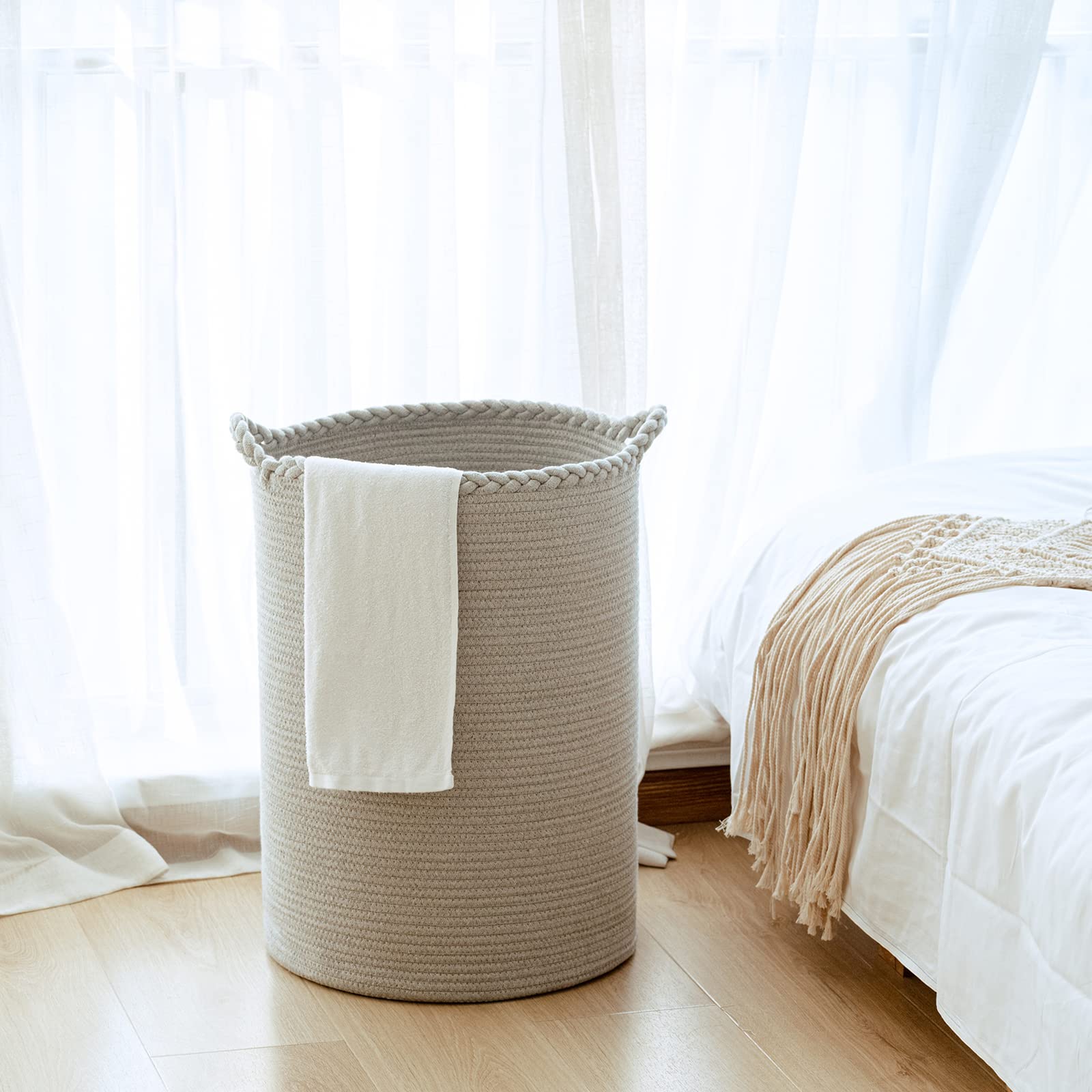Homlikelan 58L Woven Laundry Basket,Tall Wicker Laundry Basket For Blankets,Clothes,Pillows,Toys,Shoes Large Cotton Laundry Hamp