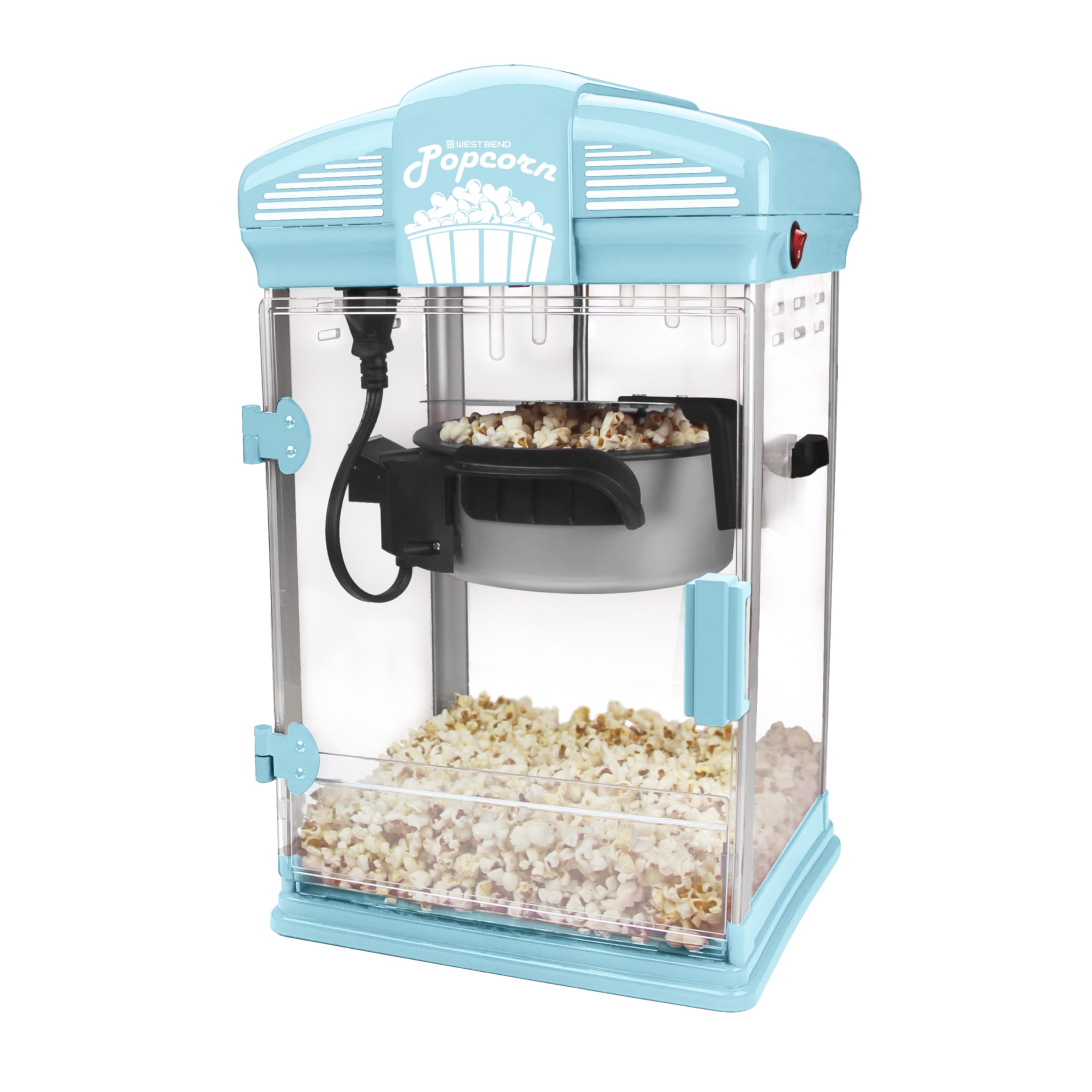 West Bend Stir Crazy Movie Theater Popcorn Popper  Gourmet Popcorn Maker with Nonstick Popcorn Kettle  Measuring Tool and Scoop   4 Qt  Blue