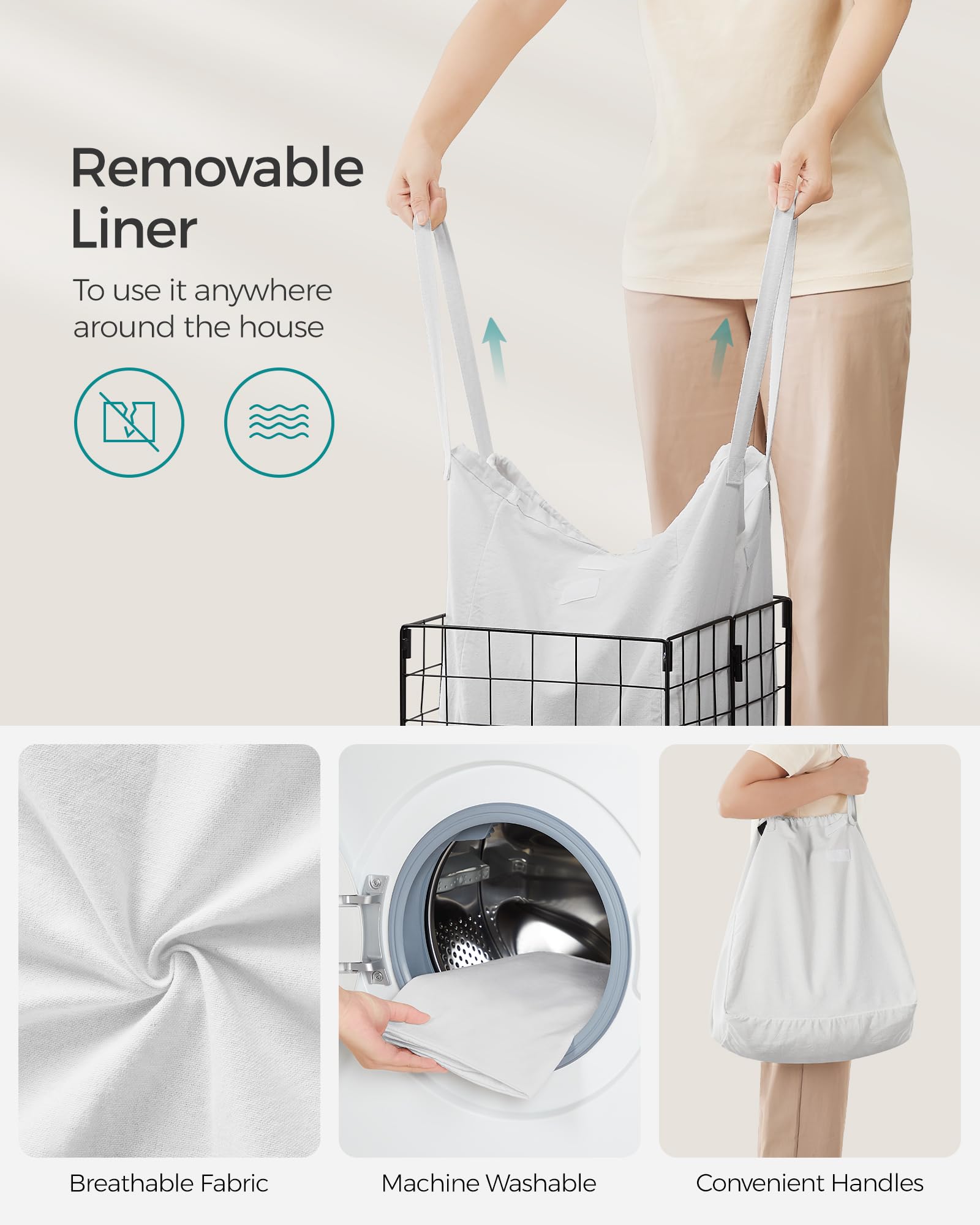 Songmics Laundry Hamper, 11 Gal. (50L) Laundry Basket, Collapsible Clothes Hamper, Removable And Washable Liner, Metal Wire Fram