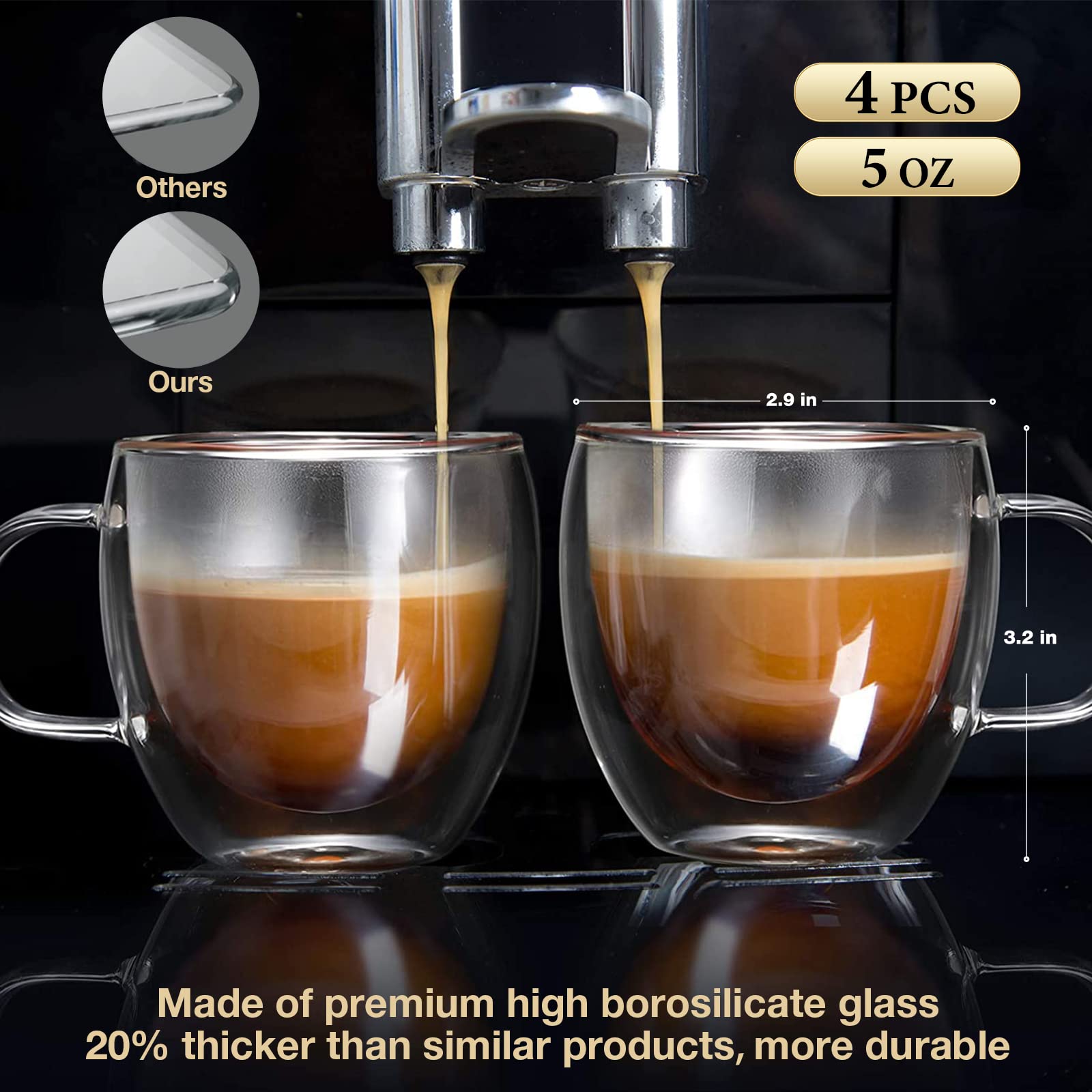 Mfacoy Double Wall Insulated Glasses Espresso Cups Set of 4  5 oz Clear Coffee Cups with Handle  Espresso Shot Glasses  Suit for Espresso Machine  Latte  Cappuccino  Glass Coffee Mugs
