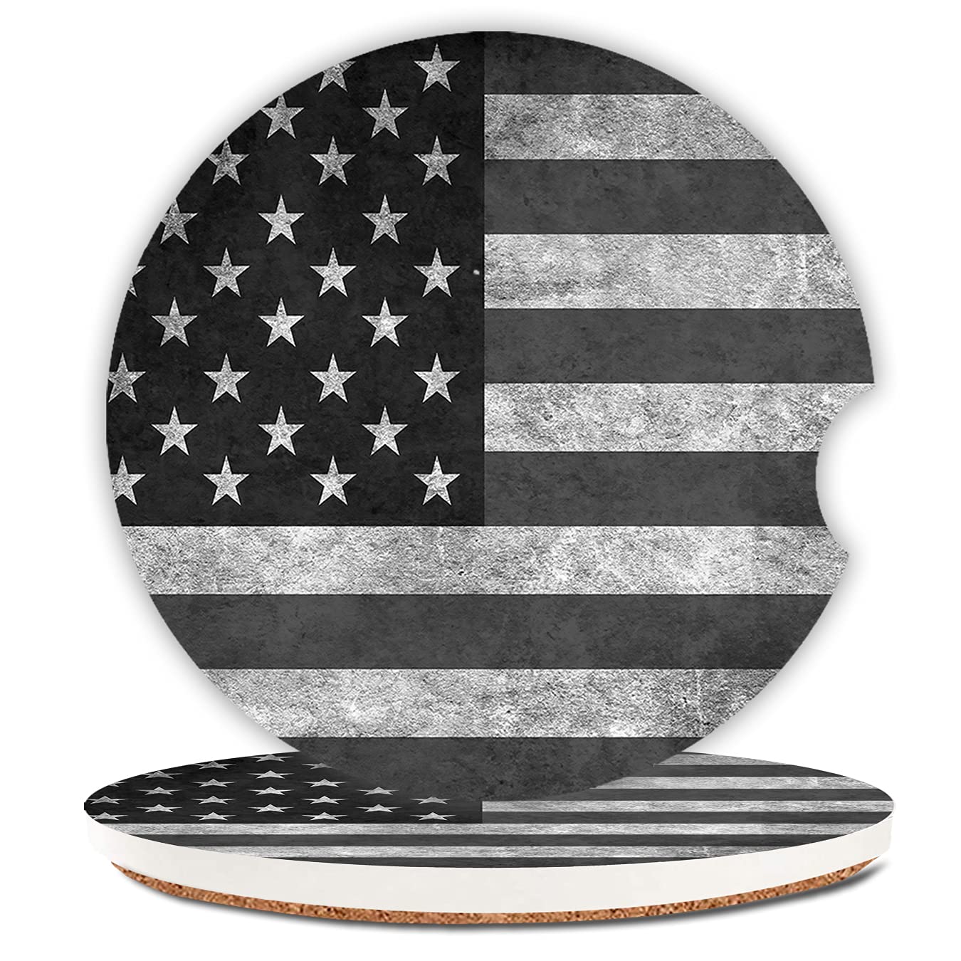 Black Grey American Flag Absorbent Cup Holders Car Coasters,Ceramic Stone Drinks Coaster Set For Women Man 2.56''(2 Pack)